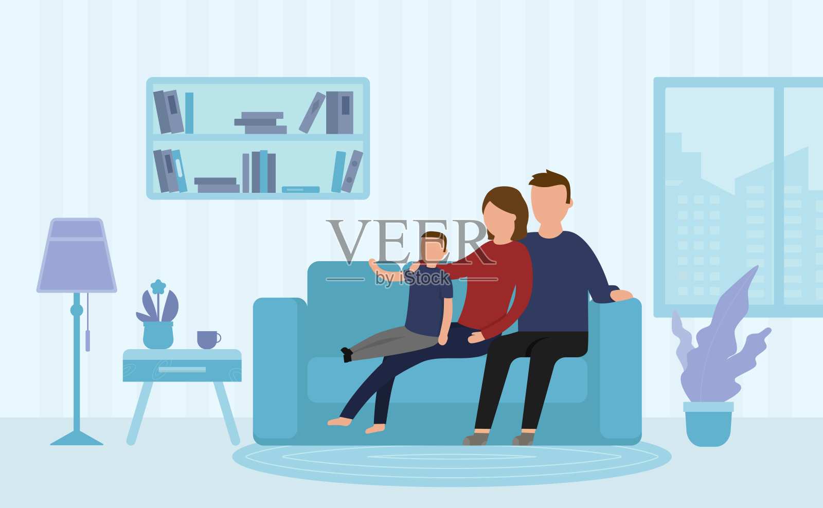 幸福家庭坐在客厅的沙发上，交流和放松。平的风格。矢量图插画图片素材