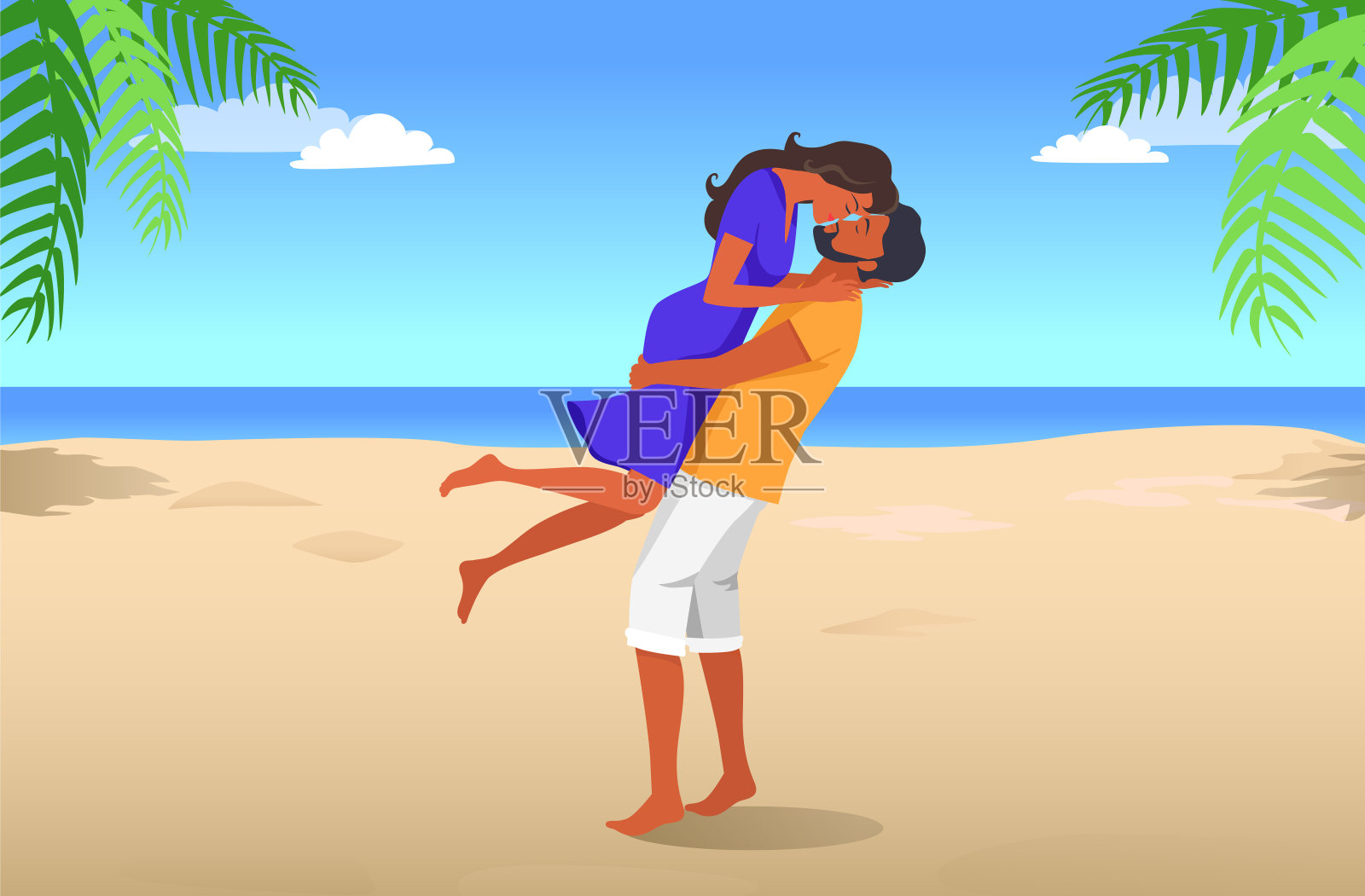 情侣在热带海滩上的棕榈树之吻插画图片素材