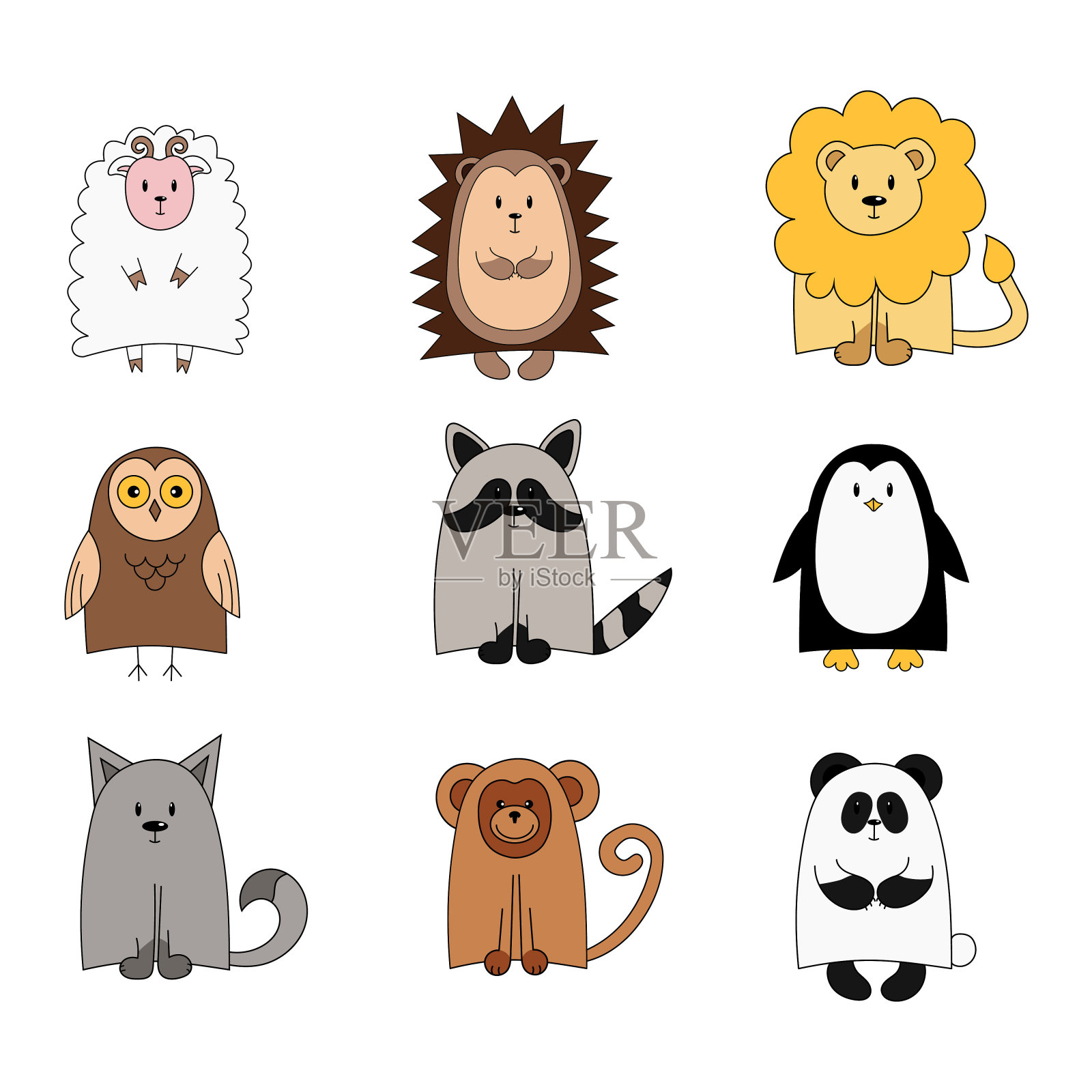 一套为可爱动物设计的儿童服装、海报、卡片、字母。颜色向量插图。插画图片素材