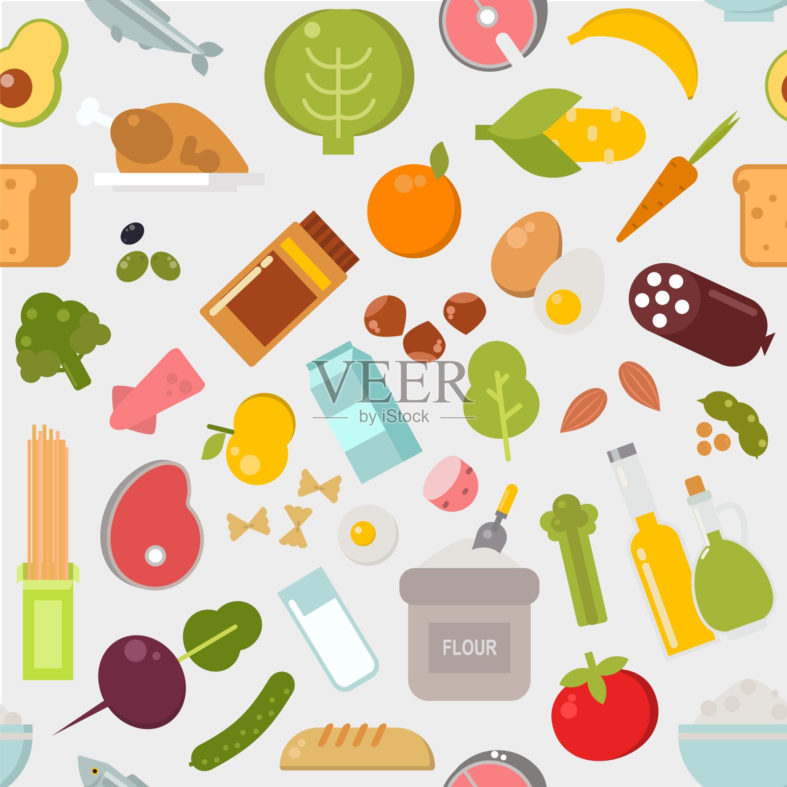 无缝背景图案与各种食物菜单配料杂货矢量插图。意大利面，蔬菜，意大利香肠，水果，坚果，面粉，肉，蛋，鱼。插画图片素材