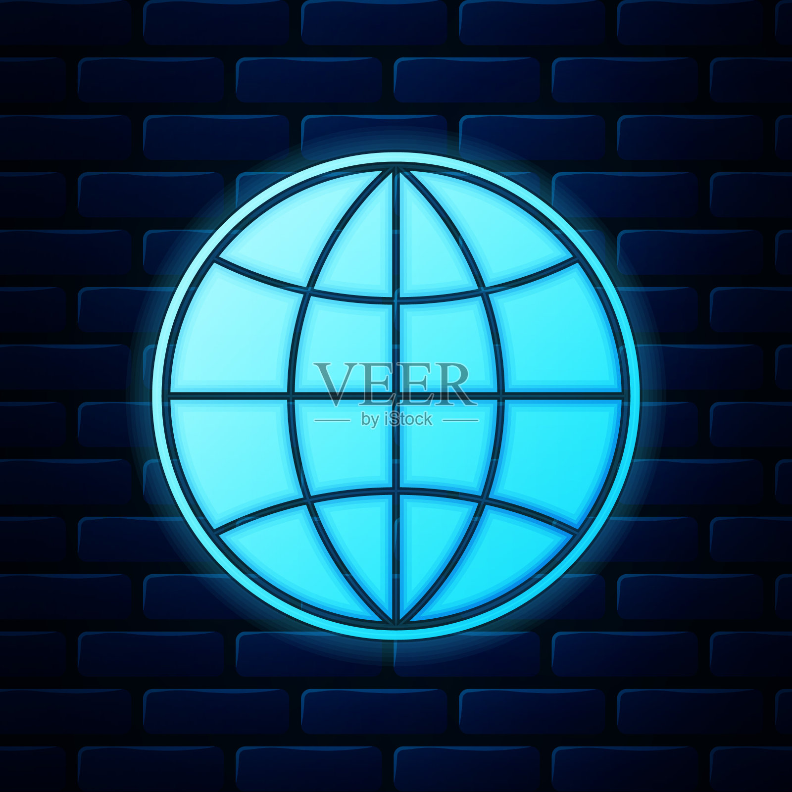 发光的霓虹灯地球图标孤立在砖墙的背景。世界或土相星座。全球互联网的象征。几何形状。矢量图插画图片素材
