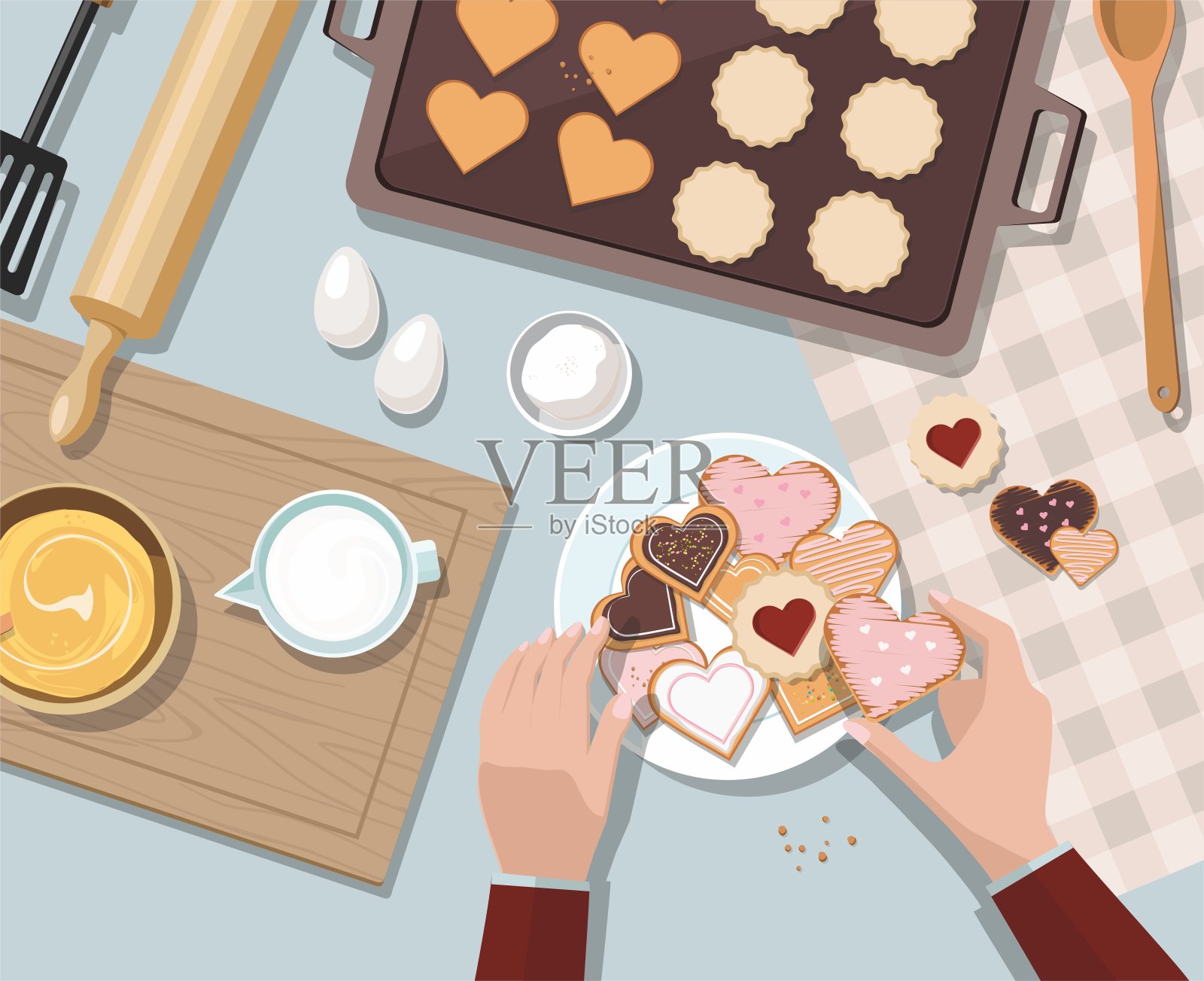 女人烘烤。烘培用具及烹饪原料，如馅饼、饼干、生面团及糕点。情人节。插画图片素材