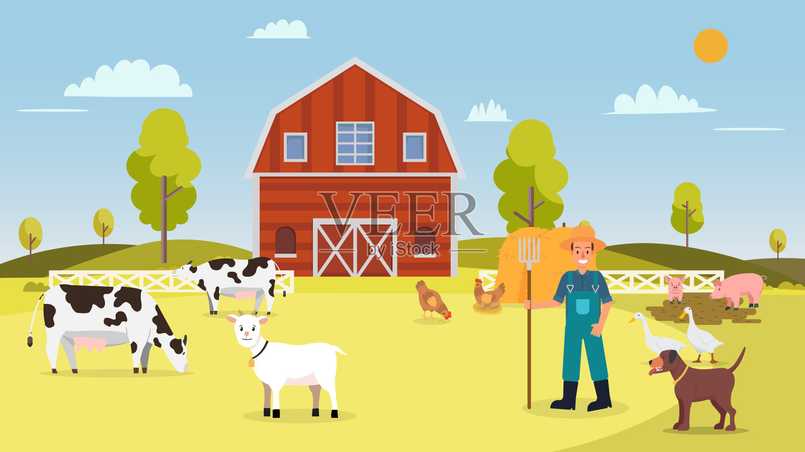 自然农场与动物在夏天插画图片素材