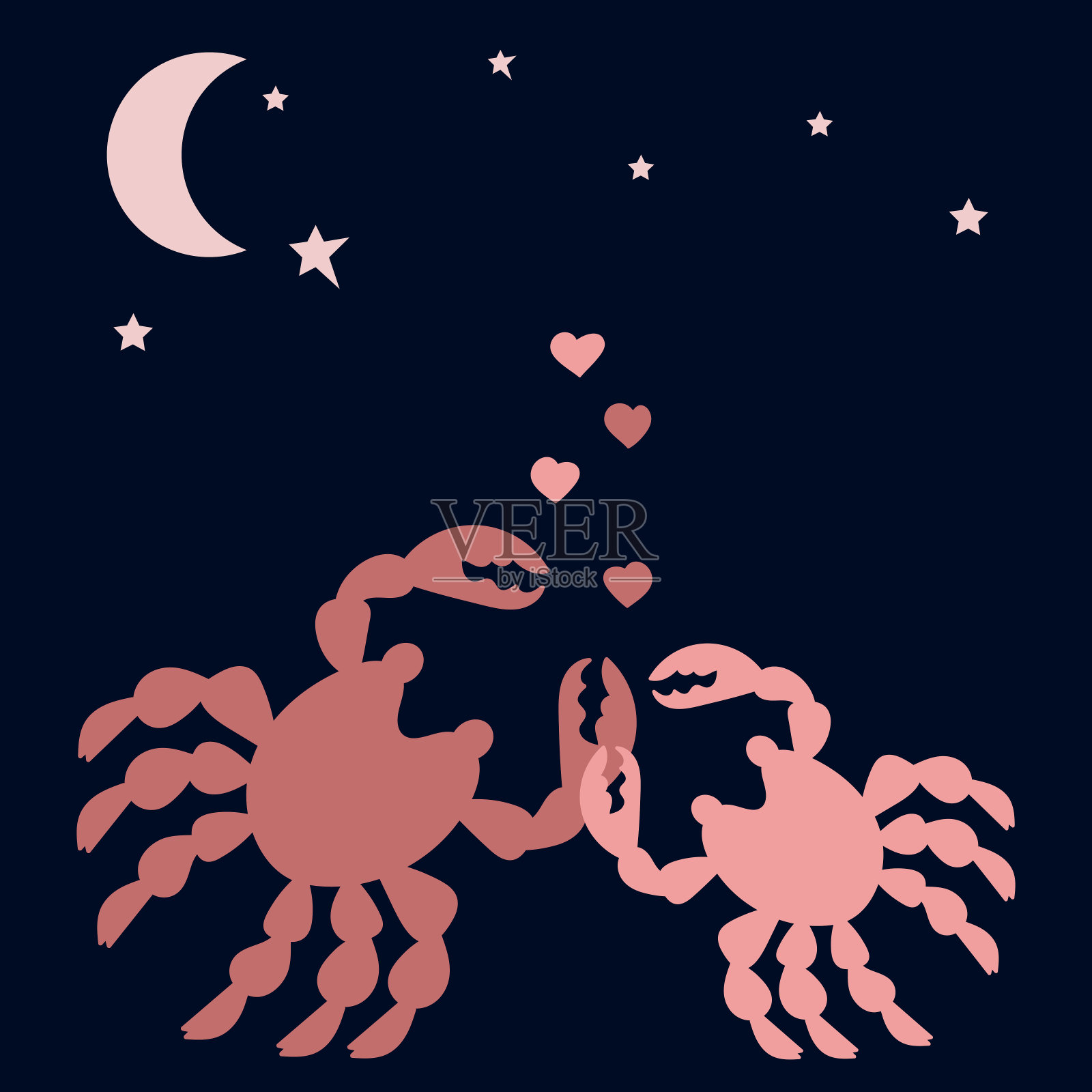 迷恋的螃蟹。夜空中的心、月亮和星星。海洋动物的剪影。情人节贺卡，放置短信。向量插画图片素材