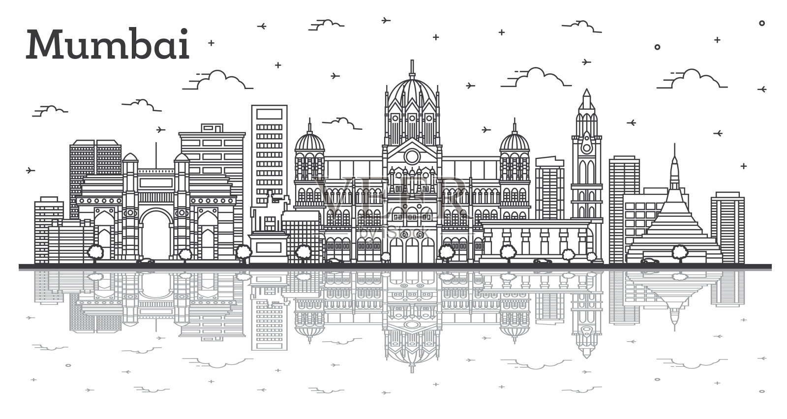 轮廓孟买印度城市天际线与历史建筑和反射孤立在白色。插画图片素材