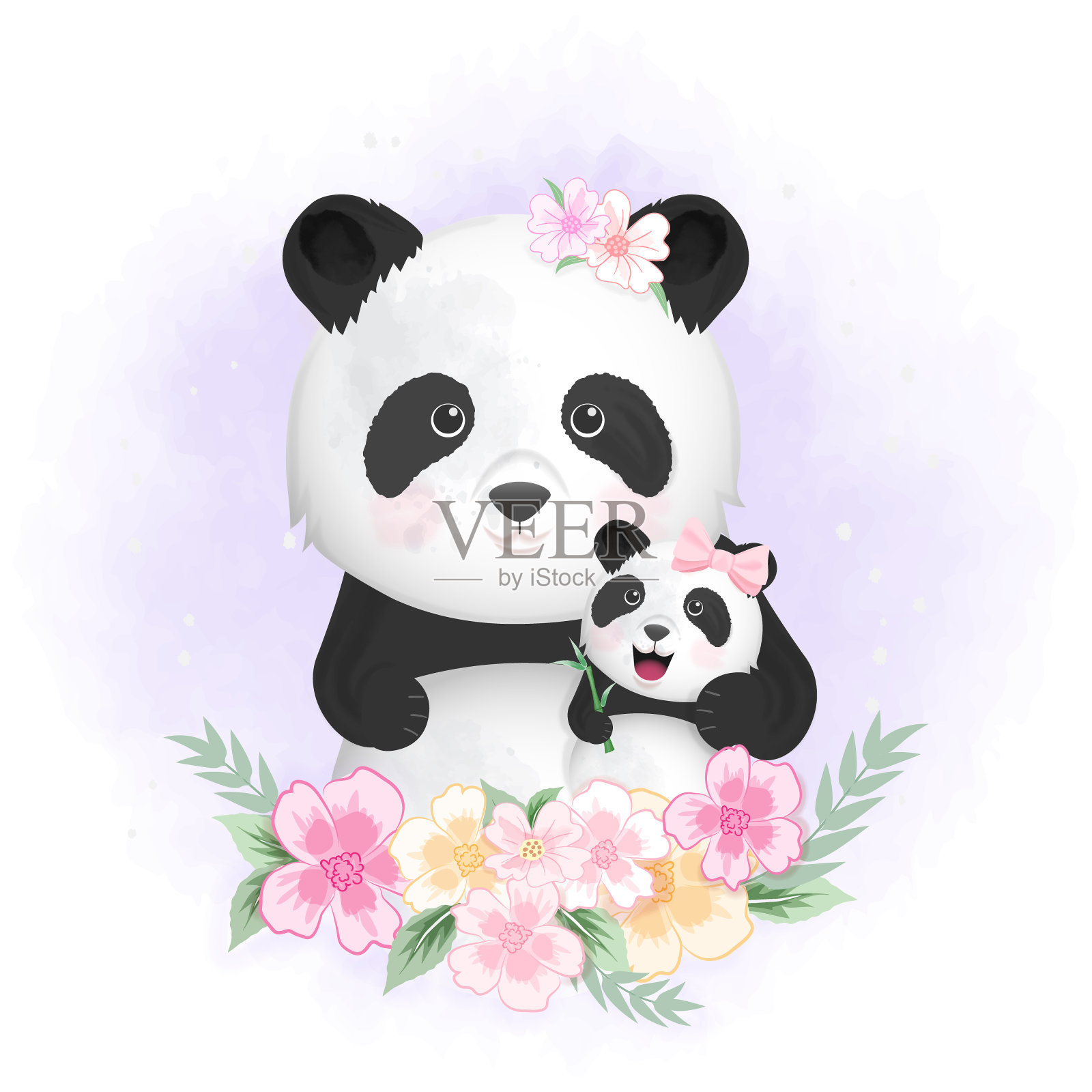 可爱的熊猫宝宝和妈妈手绘的卡通动物插画水彩画插画图片素材