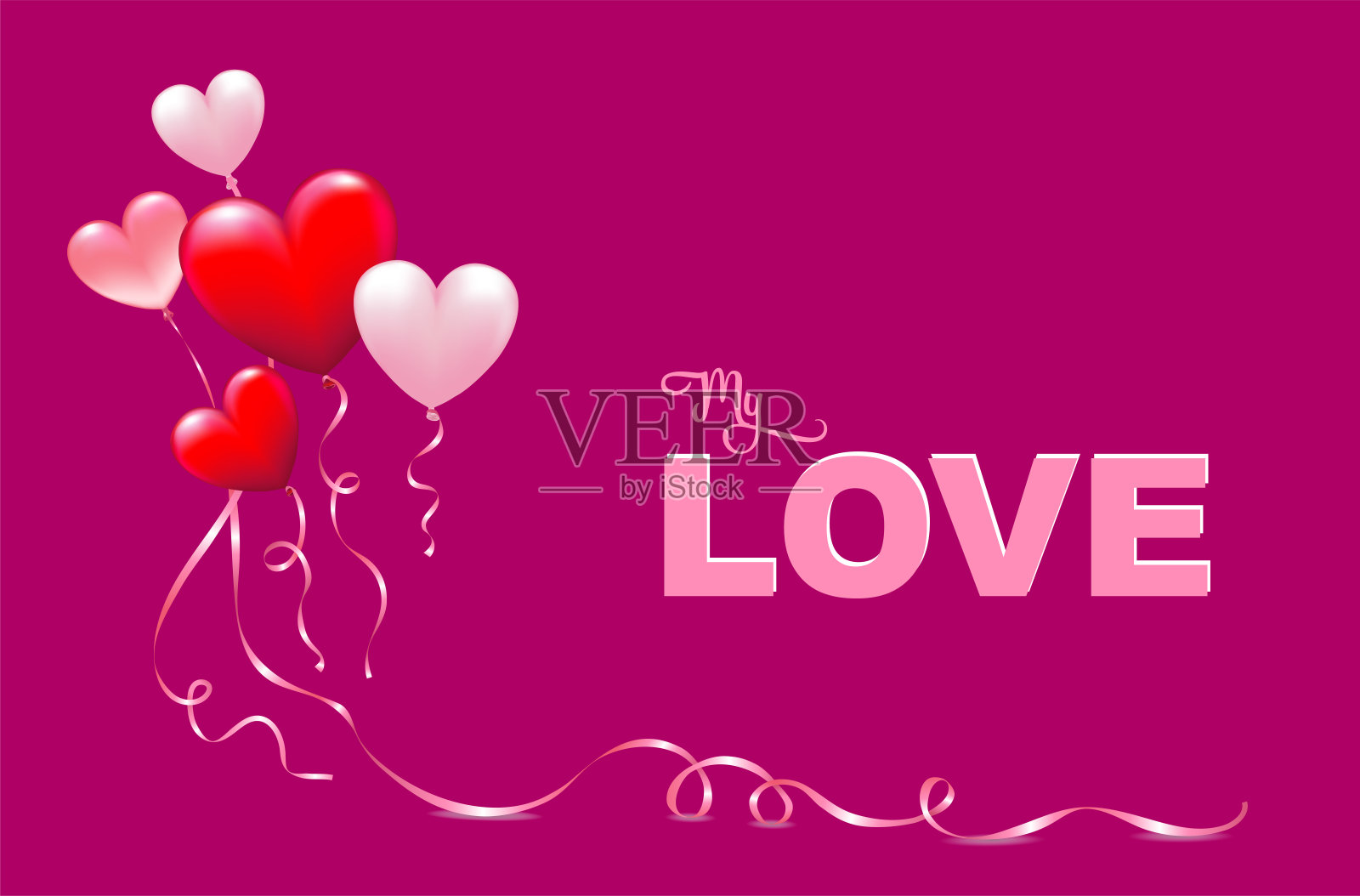 心形气球贺卡母亲节，情人节，婚礼和更多的文字“爱”，矢量插图孤立在粉红色的背景插画图片素材