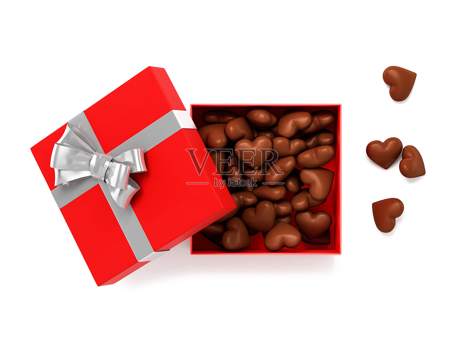 打开里面有心形巧克力的红色礼盒。3 d演示。照片摄影图片