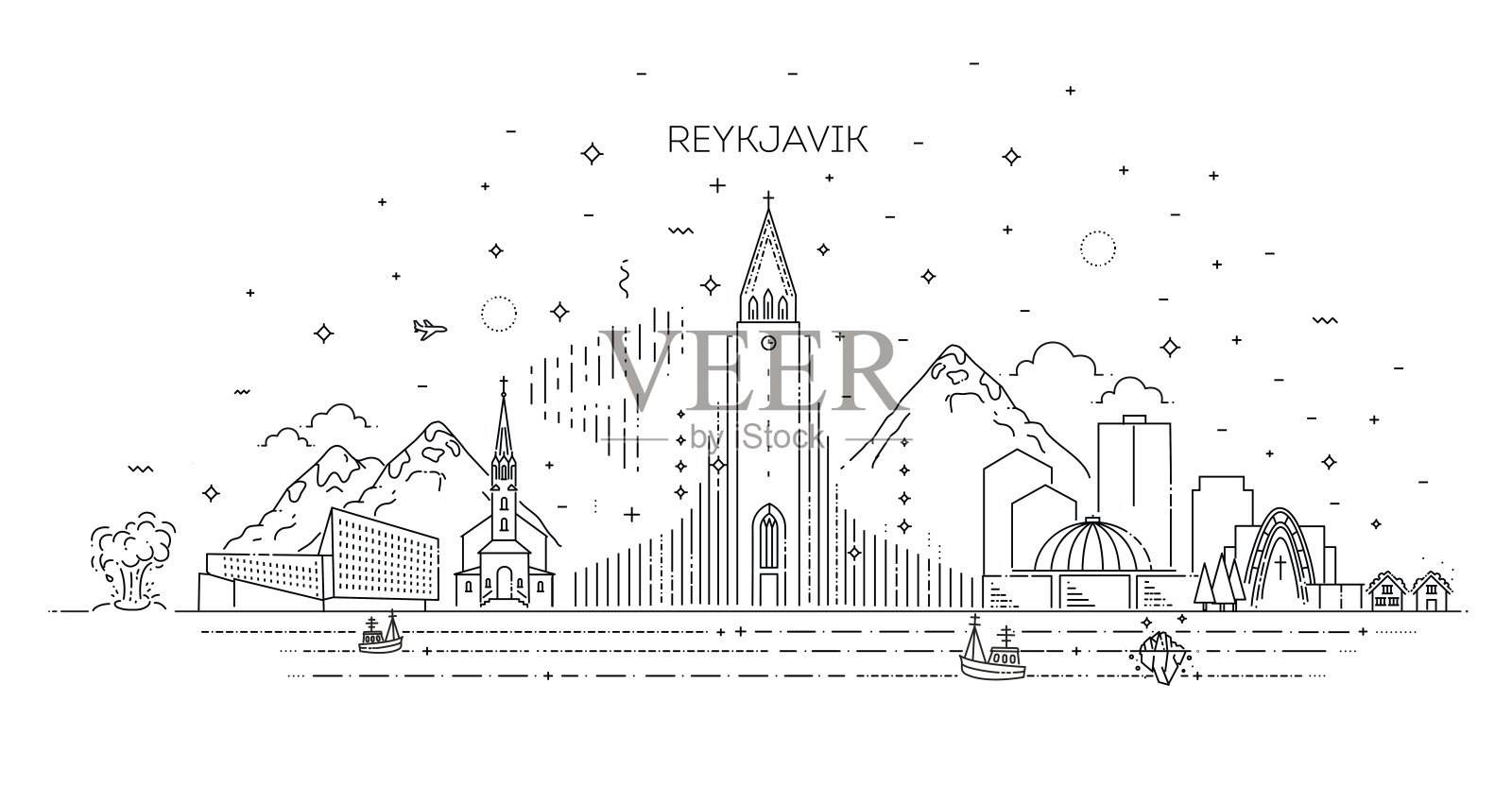 冰岛雷克雅未克线天际线与全景在白色背景设计元素图片