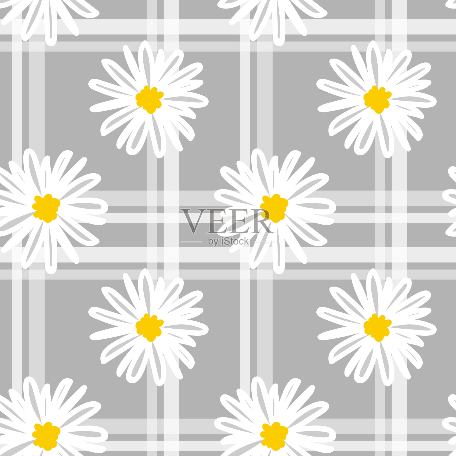 可爱的无缝图案的白色雏菊涂鸦风格与线在灰色的背景。矢量插图。插画图片素材
