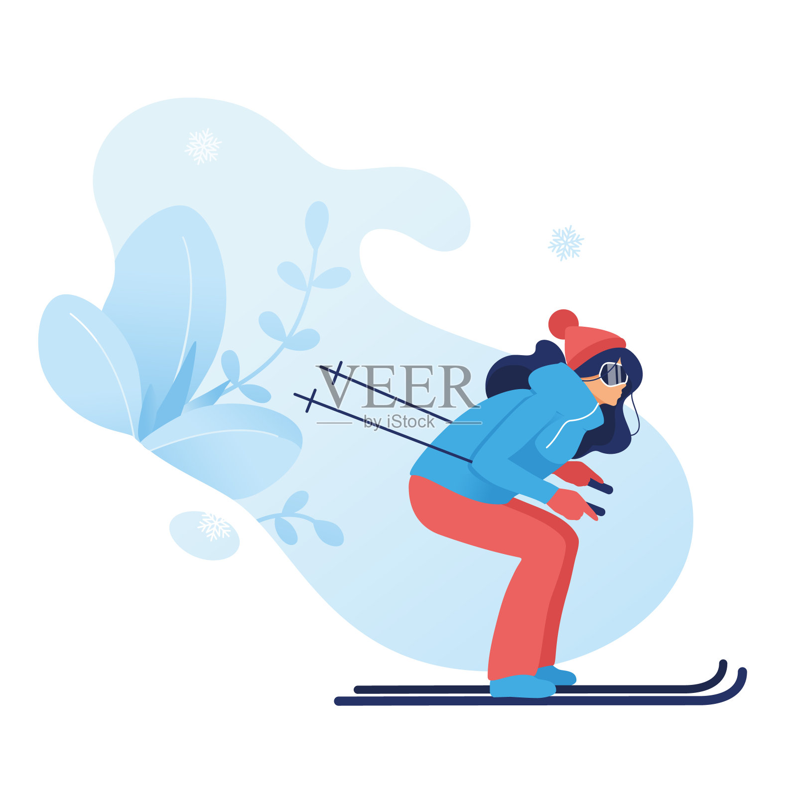 那个年轻女孩正在滑雪。冬季游戏运动矢量平面插图滑雪者。户外雪休闲，卡通人物。冷冻植物孤立背景。向量设计元素图片