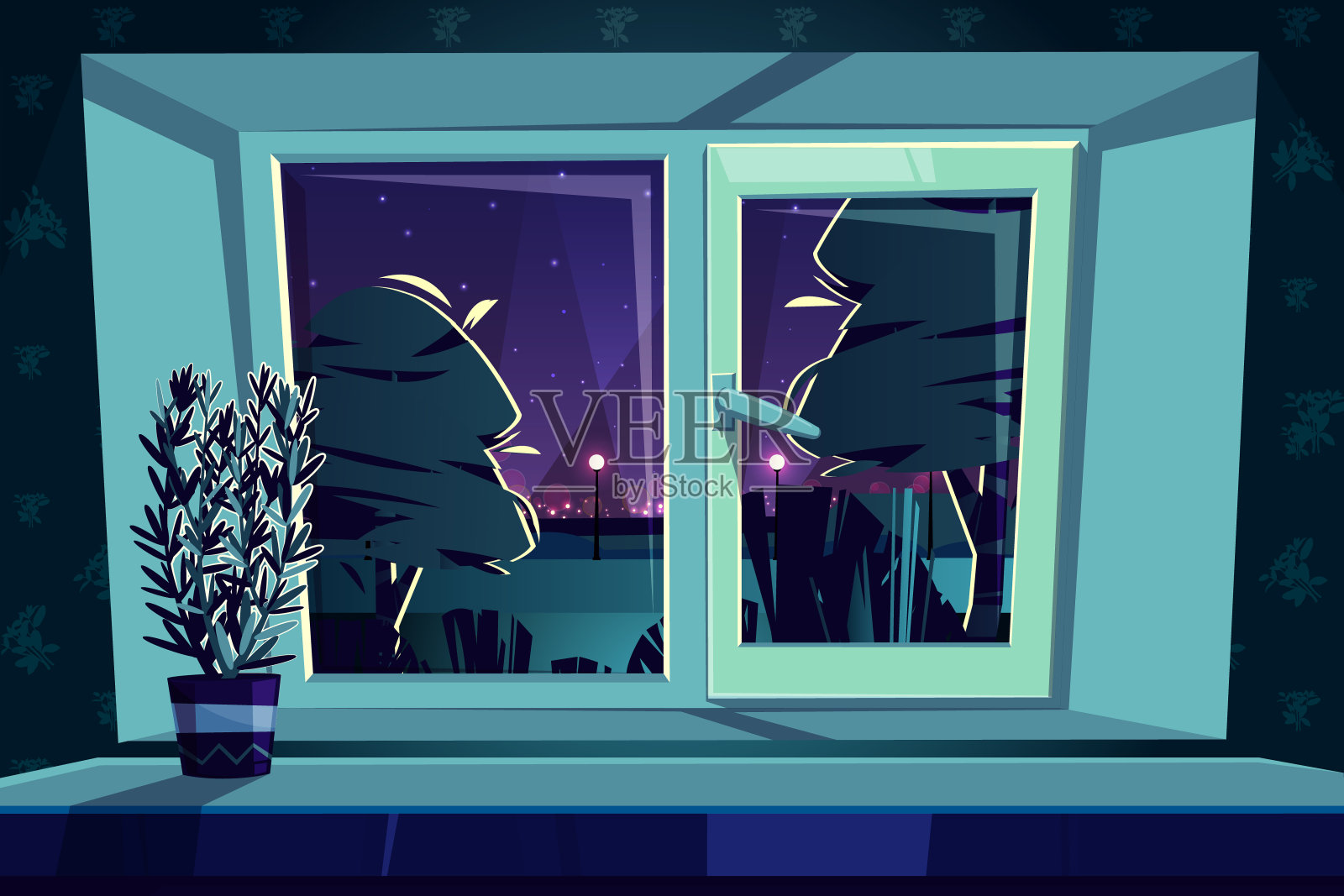 夜间向量窗，窗台上迷迭香插画图片素材