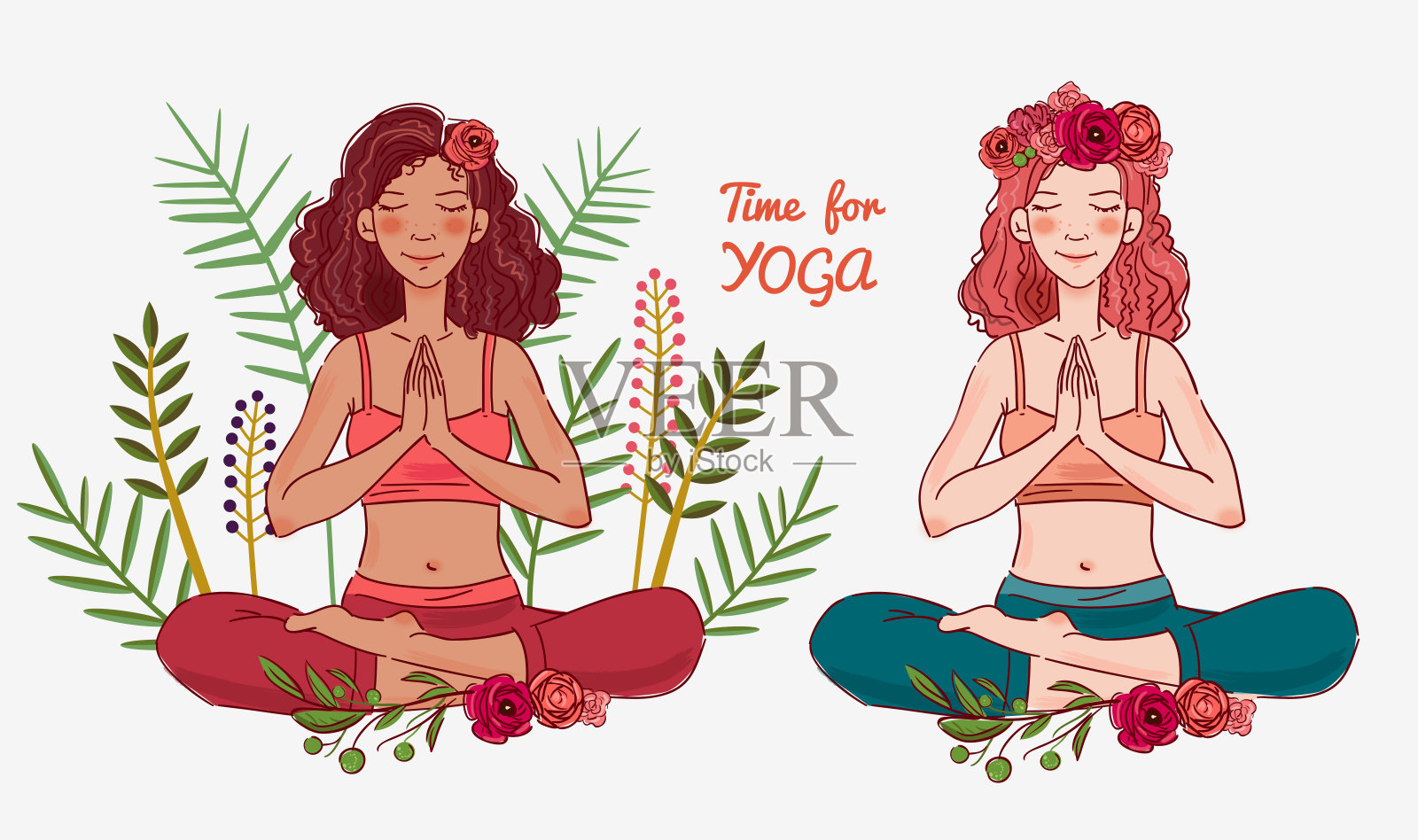可爱的年轻女子练习瑜伽，坐在莲花的位置，手放在一起插画图片素材