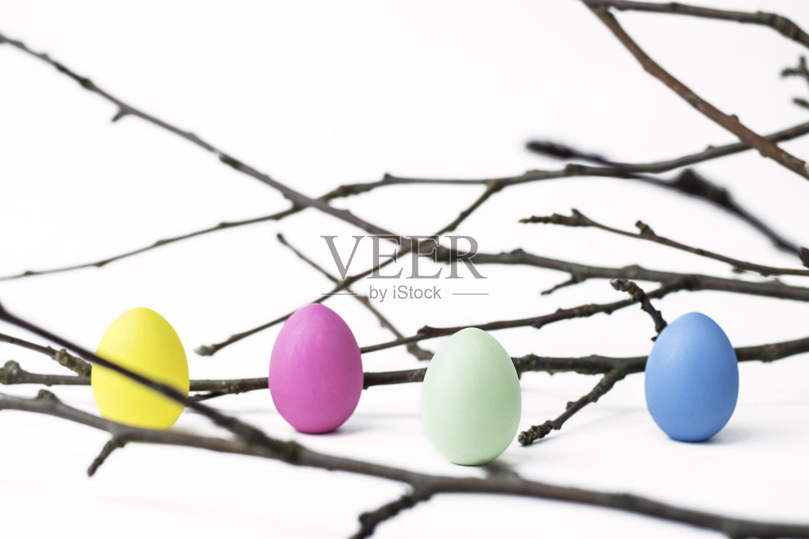 复活节卡片。白色背景上，靠近树枝的带有颜色的鸡蛋。复活节的概念。本空间照片摄影图片