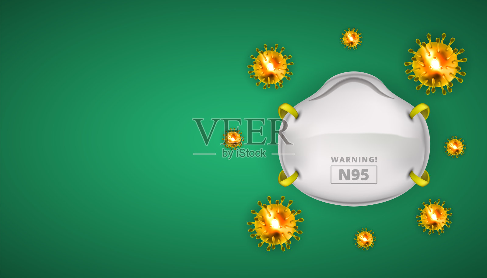 n95口罩保护安全的冠状病毒三维现实向量在绿色背景与空白复制空间。冠状病毒细胞，病毒病。完美的横幅信息，传单，海报等。插画图片素材