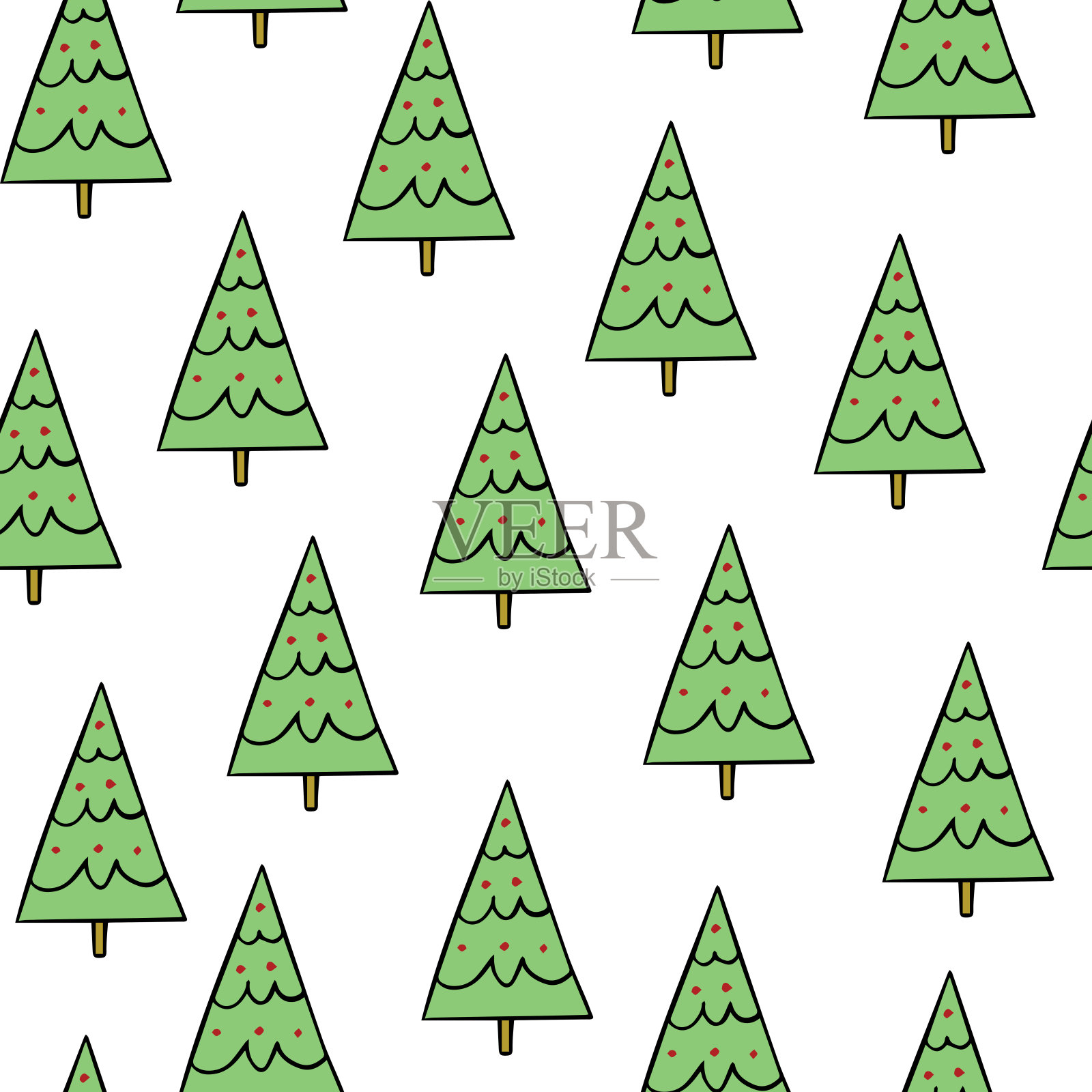 简单，在白色的背景上涂鸦绿色的圣诞树。天衣无缝，重复圣诞过节模式。用于包装，墙纸和其他圣诞装饰用途。插画图片素材