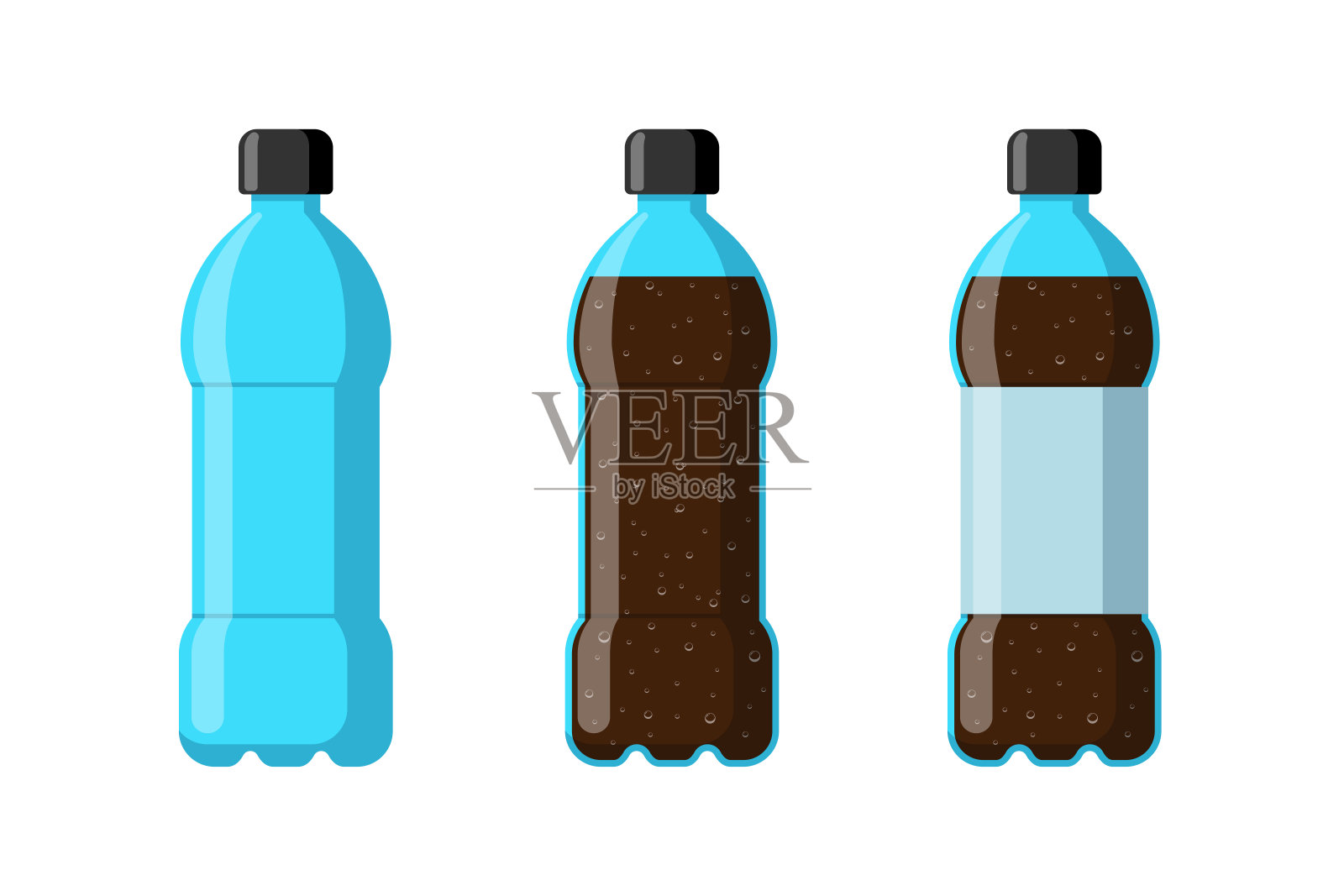 塑料瓶设置空苏打饮料和标签。碳酸饮料与气泡在皮平矢量插图插画图片素材