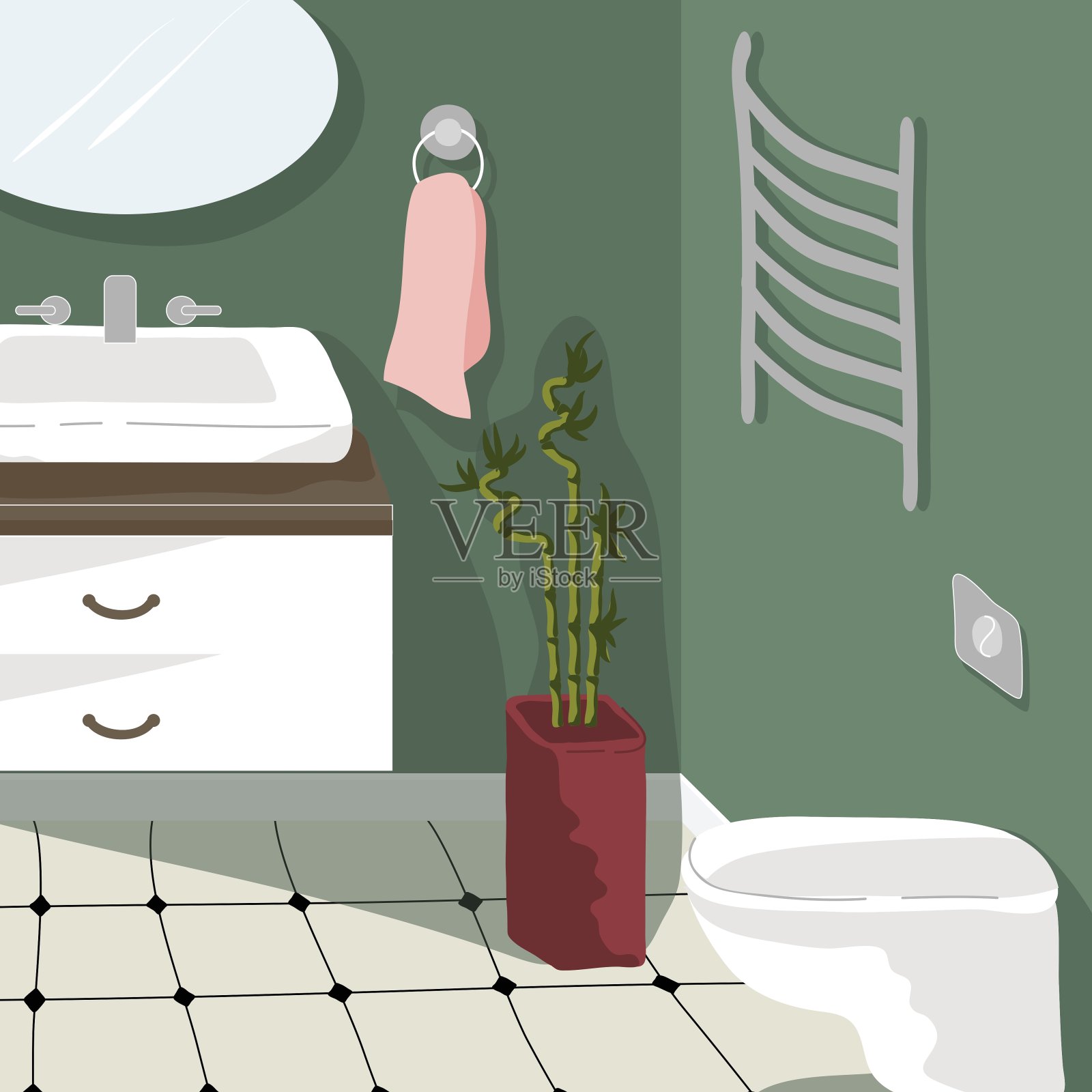 现代化的浴室和卫生间。舒适的室内家具和家居装饰。舒适的室内装饰在斯堪的纳维亚风格。插画图片素材