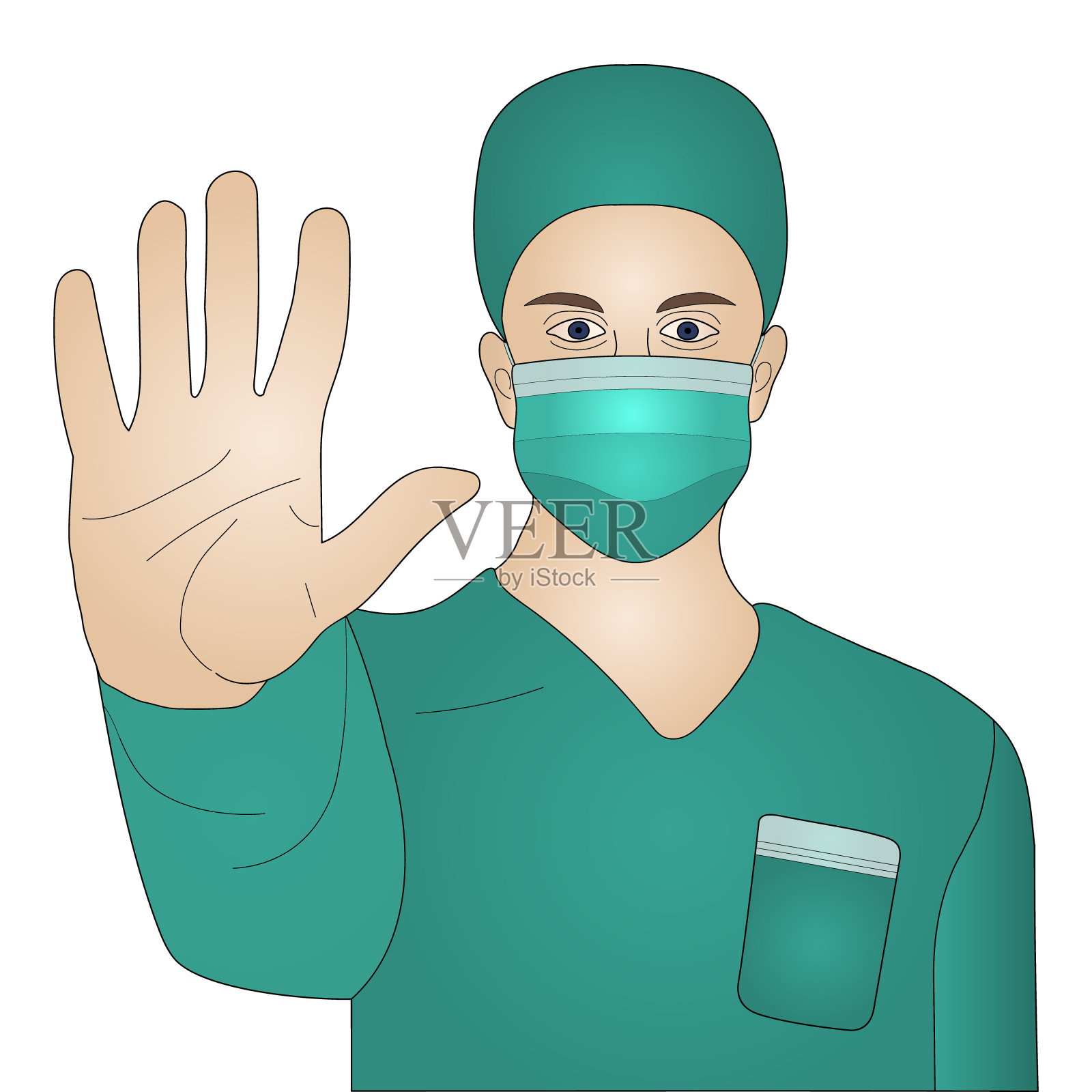 彩色矢量插图的一个医生在口罩和绿色工装裤。手向前伸阻止疾病。一个出身偏僻的人。插画图片素材