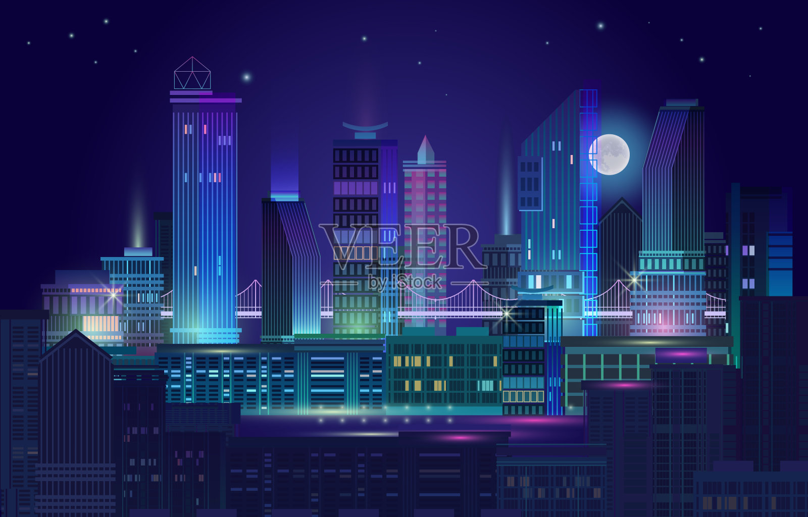 夜晚的城市全景与月光和霓虹灯。矢量插图。插画图片素材