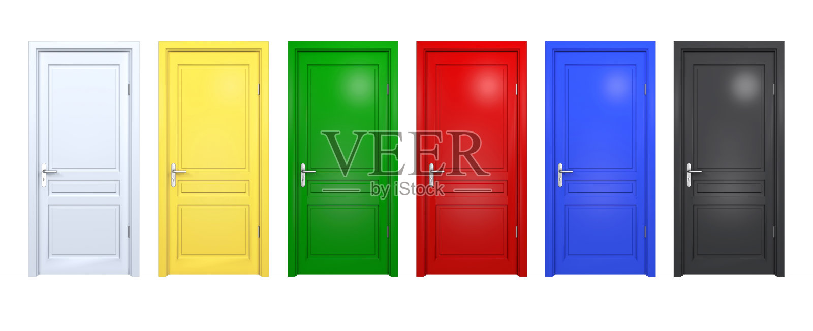 一套黑色，蓝色，红色，绿色，黄色的门隔离在白色。前3D渲染的关闭和开放的门口在不同的颜色照片摄影图片