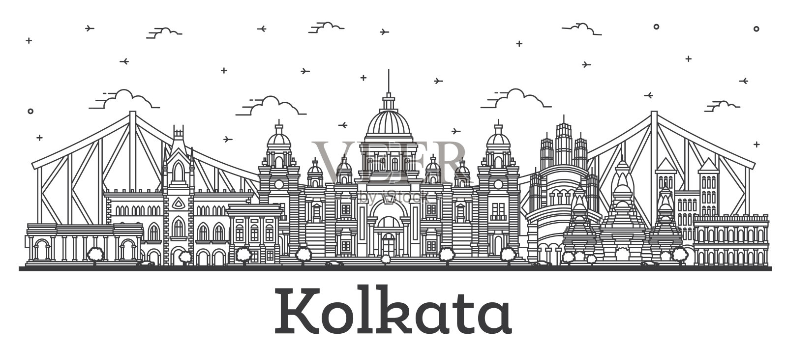 印度加尔各答城市轮廓线与历史建筑隔离在白色。插画图片素材