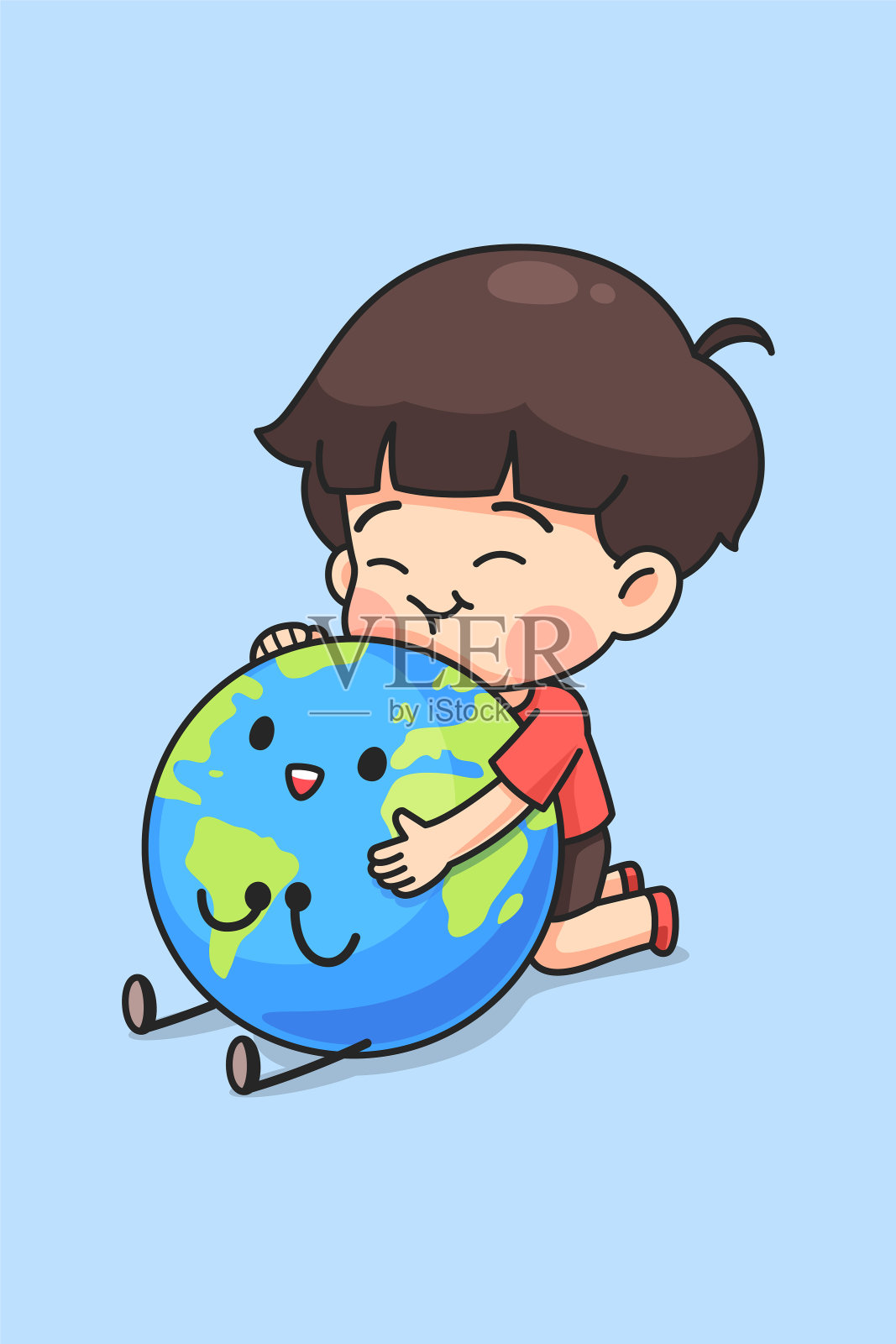 可爱的男孩拥抱着地球插画图片素材