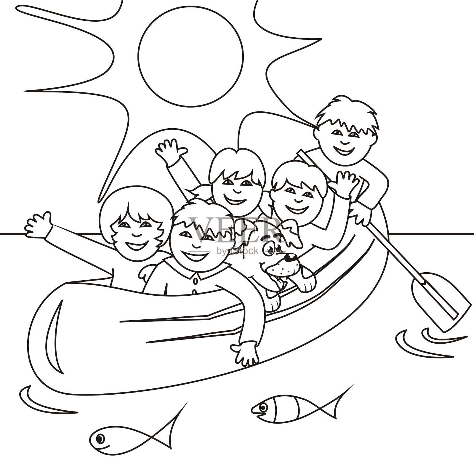孩子们在海上的独木舟上，涂色书，eps。插画图片素材