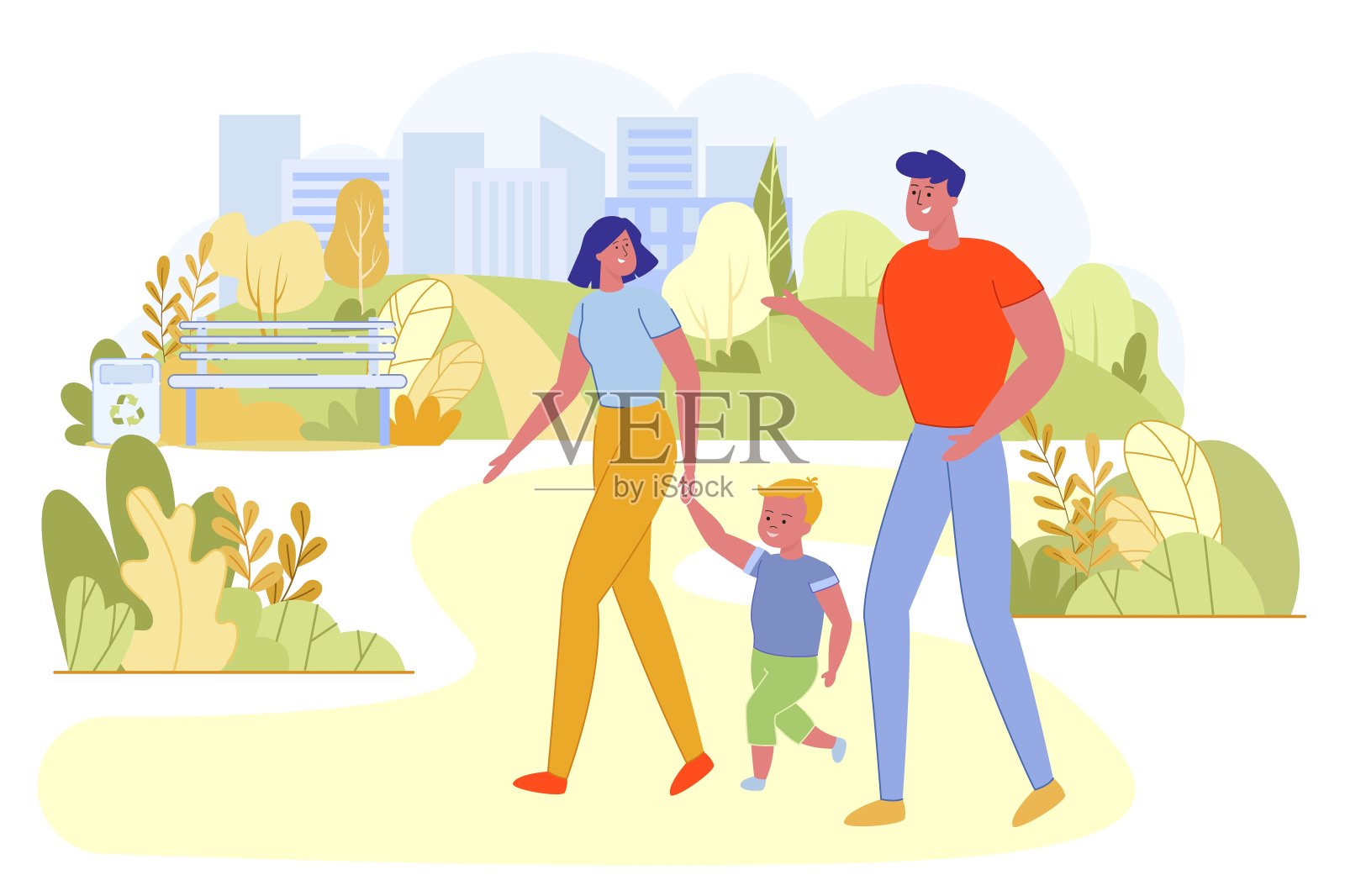 快乐的父母和孩子在城市公园公寓散步。设计元素图片