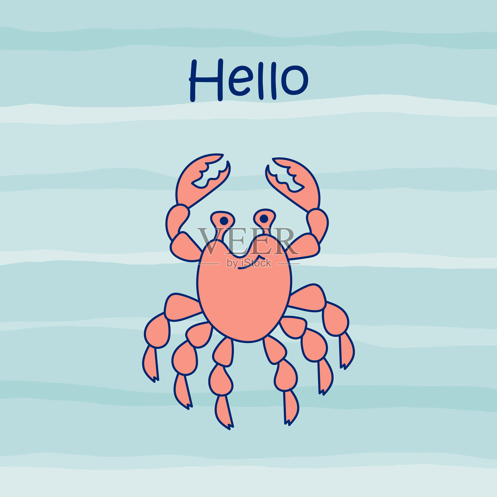 可爱的粉红色螃蟹。海洋动物。你好,刻字。在海浪的背景上涂鸦插图。元素海报，印刷t恤，标志，贴纸。矢量孤立轮廓绘制插画图片素材