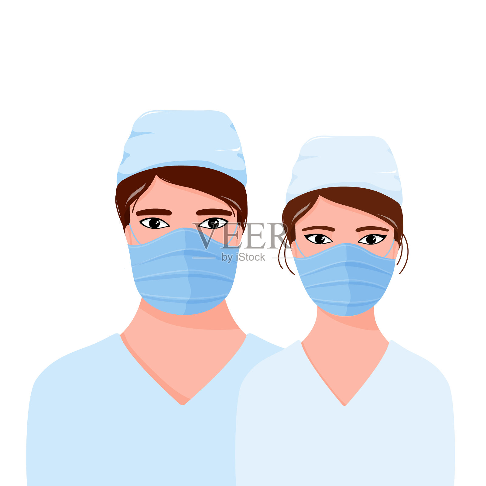 两名亚洲医生，男和女，穿着制服和医用口罩，肩肖像，平面矢量插图孤立在白色背景。两名医生的肩像，一男一女设计元素图片
