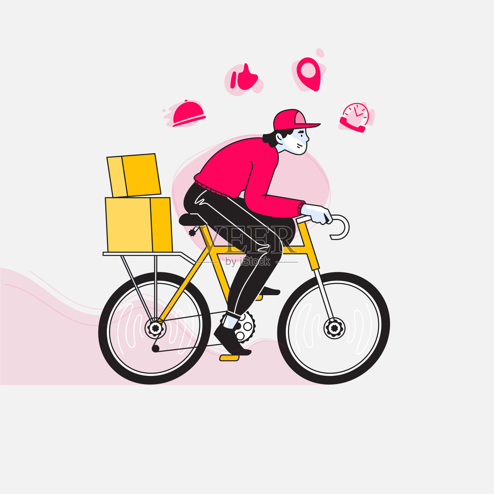 快递，快乐的快递员或男孩骑着自行车或自行车及时将包裹送到目的地，快递服务图标上方是矢量图插画图片素材