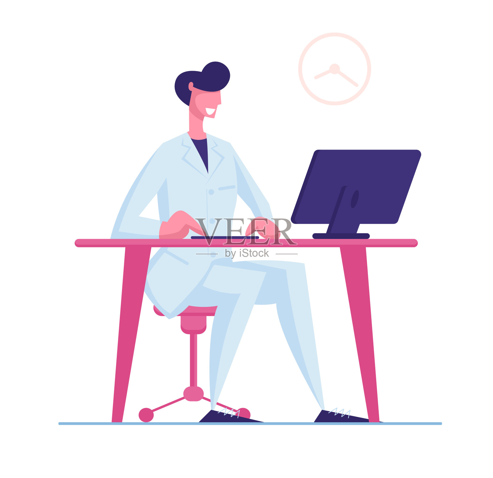 穿着白袍的男医生在电脑上工作坐在白色的桌子前孤立地工作。临床医学专业、医院在职医护人员、职业卡通平面矢量插图插画图片素材