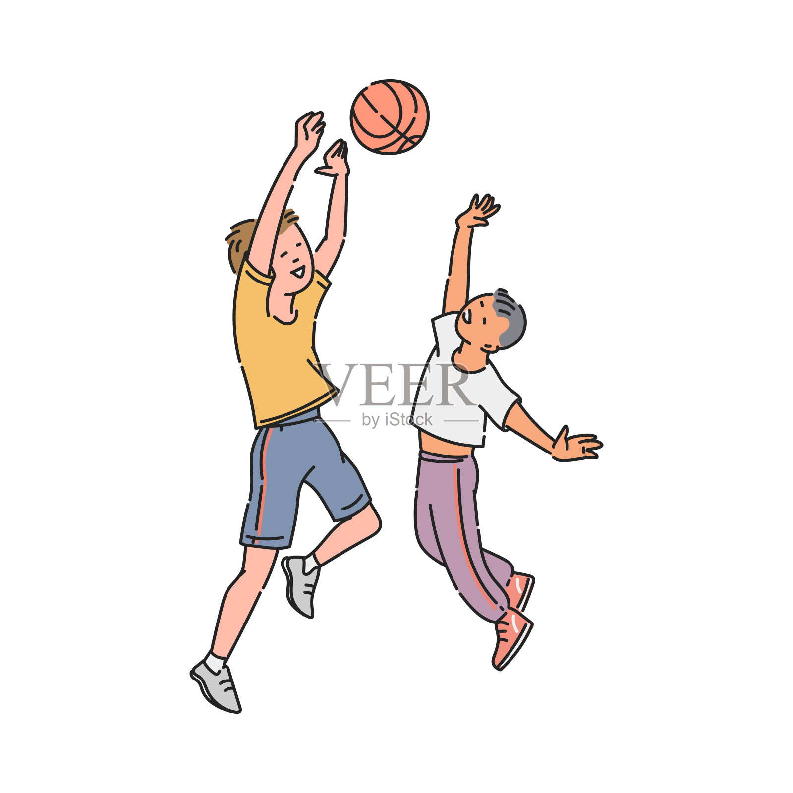 卡通儿童打篮球-两个小男孩跳着接球。插画图片素材