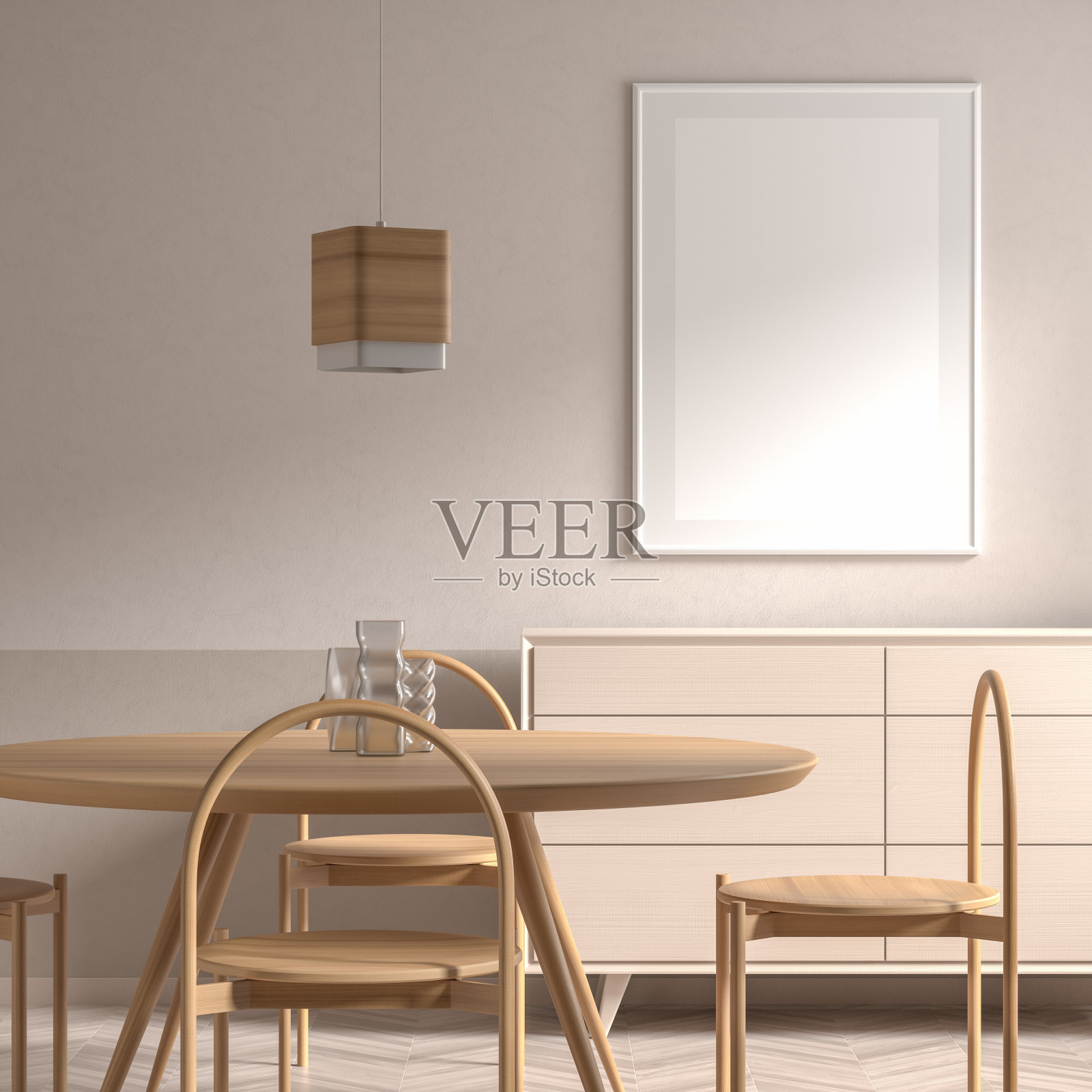 模拟海报框架在斯堪的纳维亚风格的餐厅与木椅和桌子。简约的餐厅设计。3 d演示。照片摄影图片