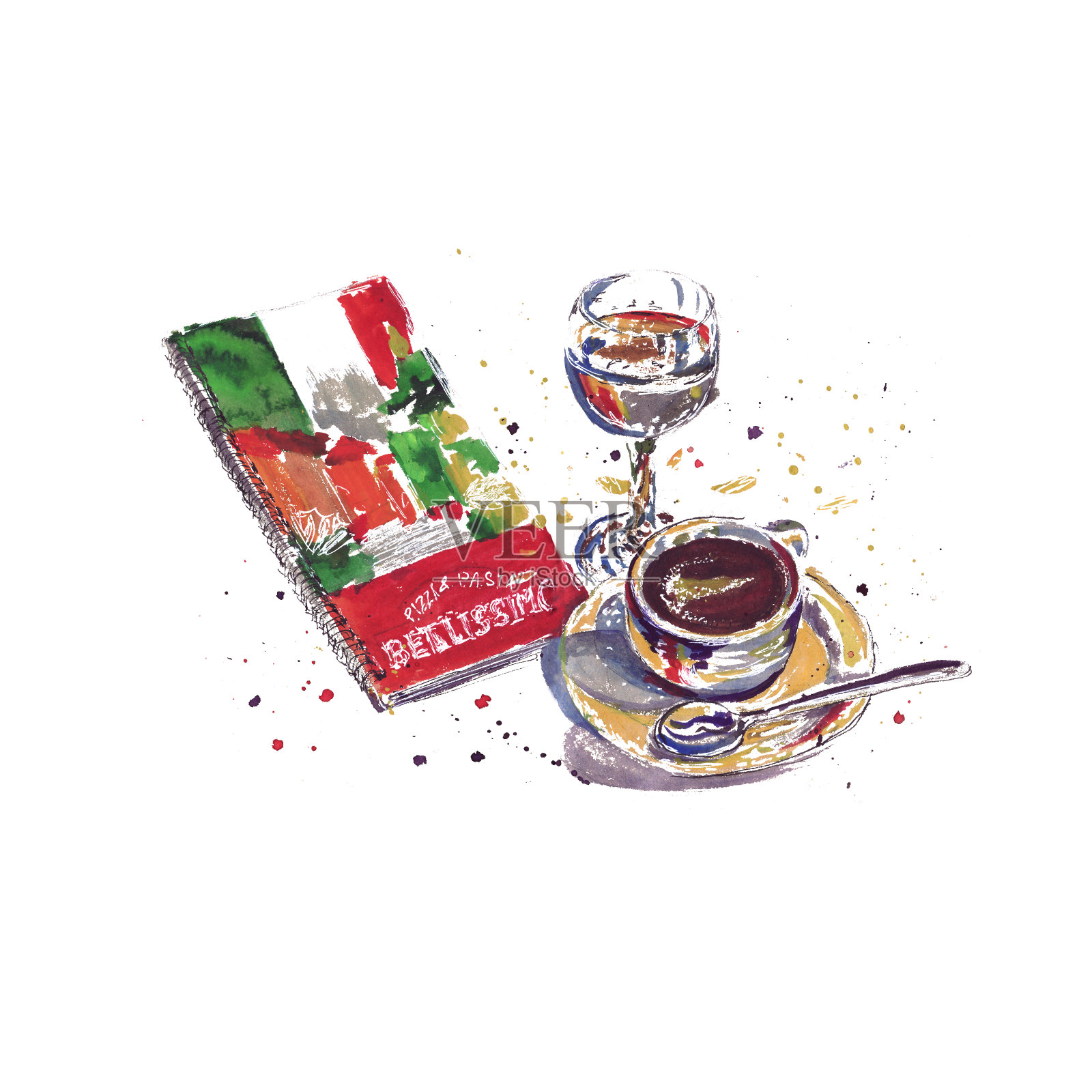在咖啡杯，咖啡，热巧克力，华夫饼，蛋糕，饼干的斑点水彩画素描。插画图片素材