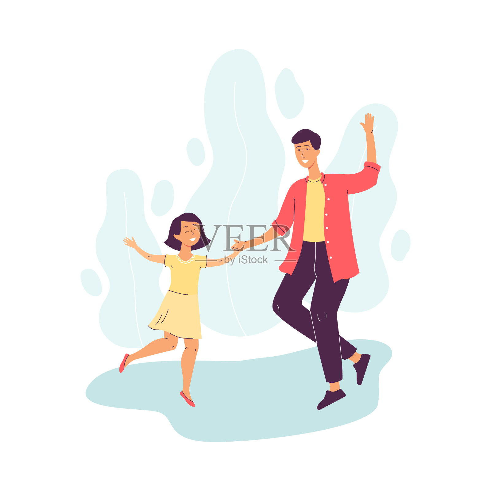 欢快的父亲与女儿跳舞，平面矢量插图孤立插画图片素材