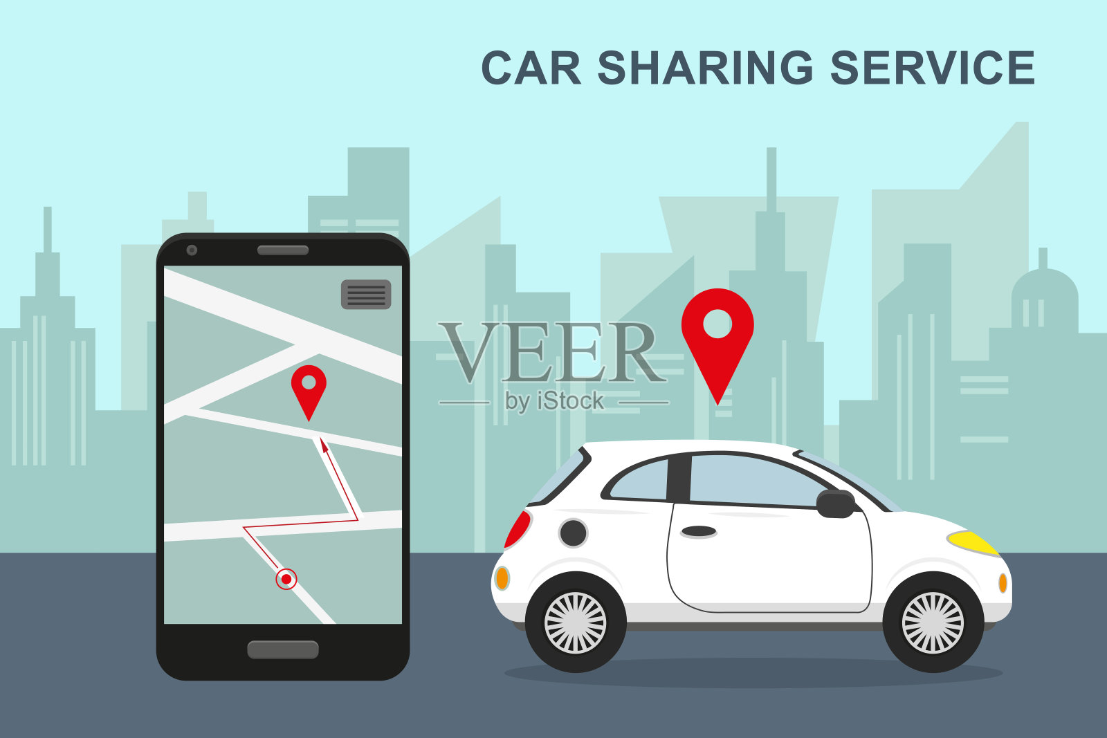 汽车共享服务理念。白色汽车在城市和智能手机与移动应用程序。矢量插图。插画图片素材