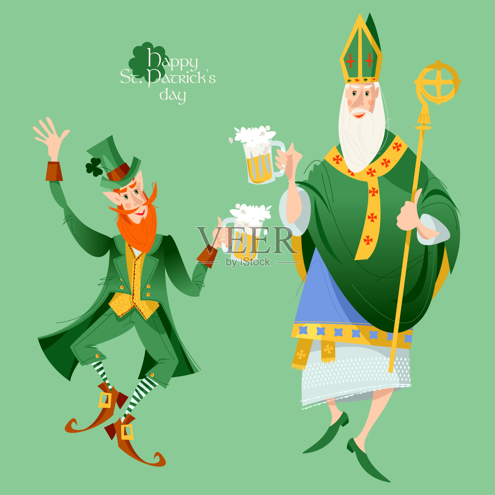 圣帕特里克(爱尔兰的使徒)和小精灵拿着啤酒壶跳舞。圣巴特里克节。插画图片素材