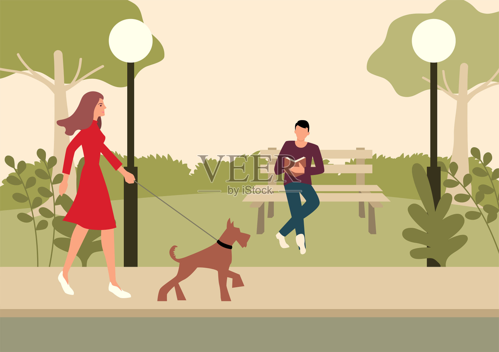 女人和小狗在公园散步插画图片素材