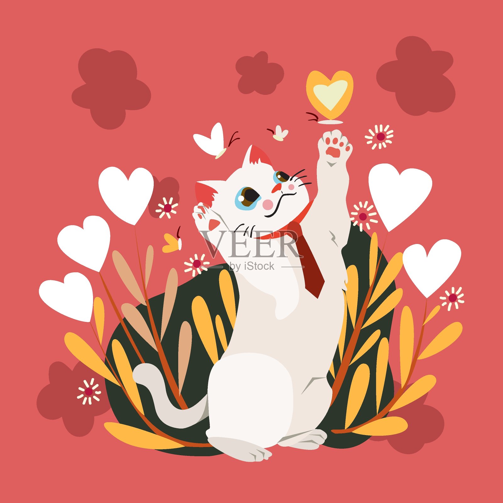 情人节快乐，猫捉蝴蝶在花，情人卡和海报插画图片素材