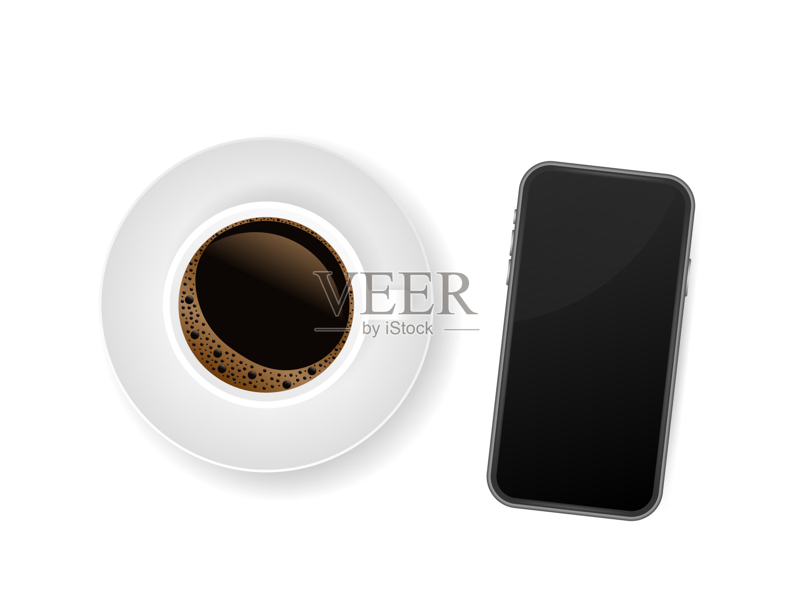 白色背景下一杯浓咖啡的智能手机。矢量插图。设计元素图片