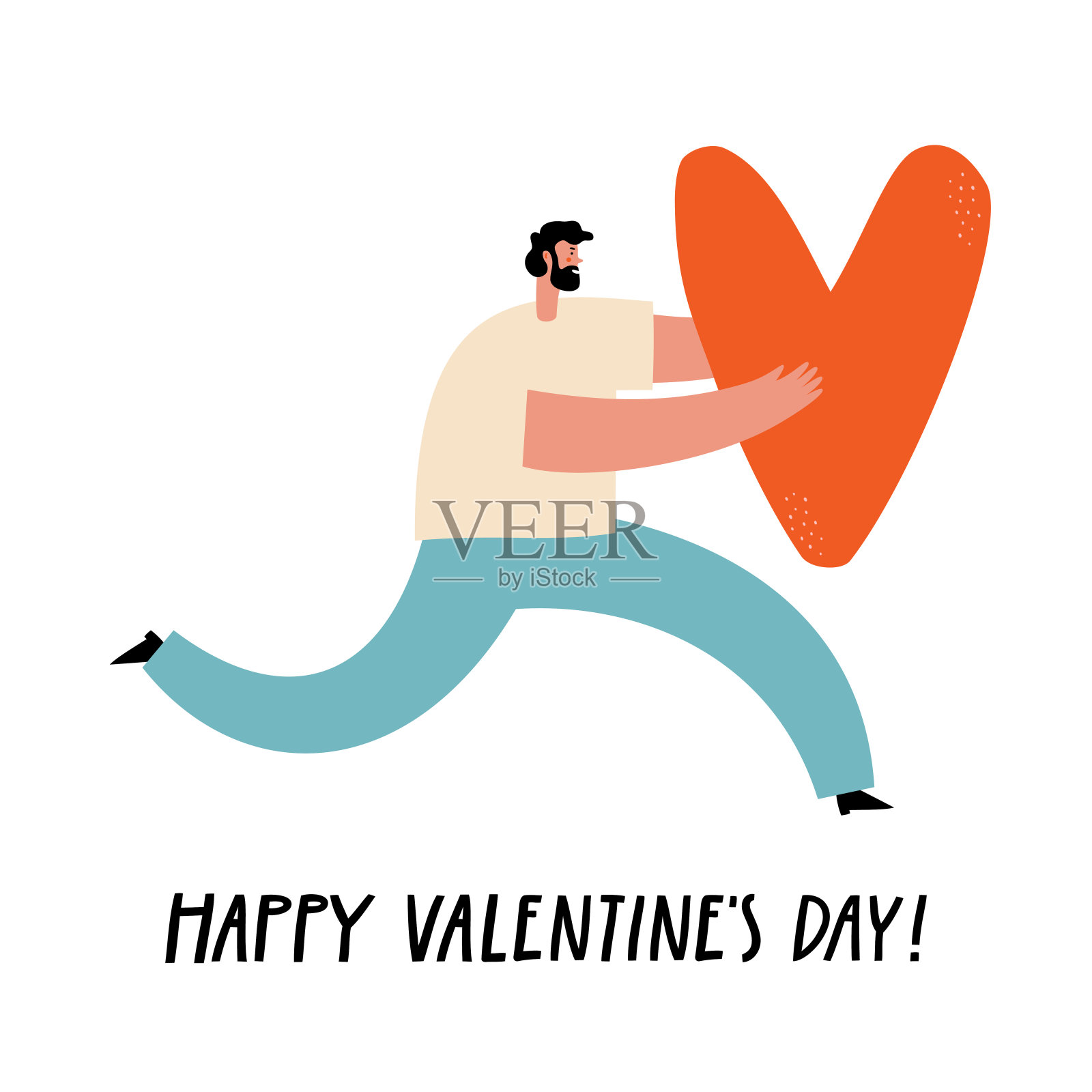 男人抱着一颗大大的红心跑。情人节贺卡手绘字母。矢量插图。插画图片素材