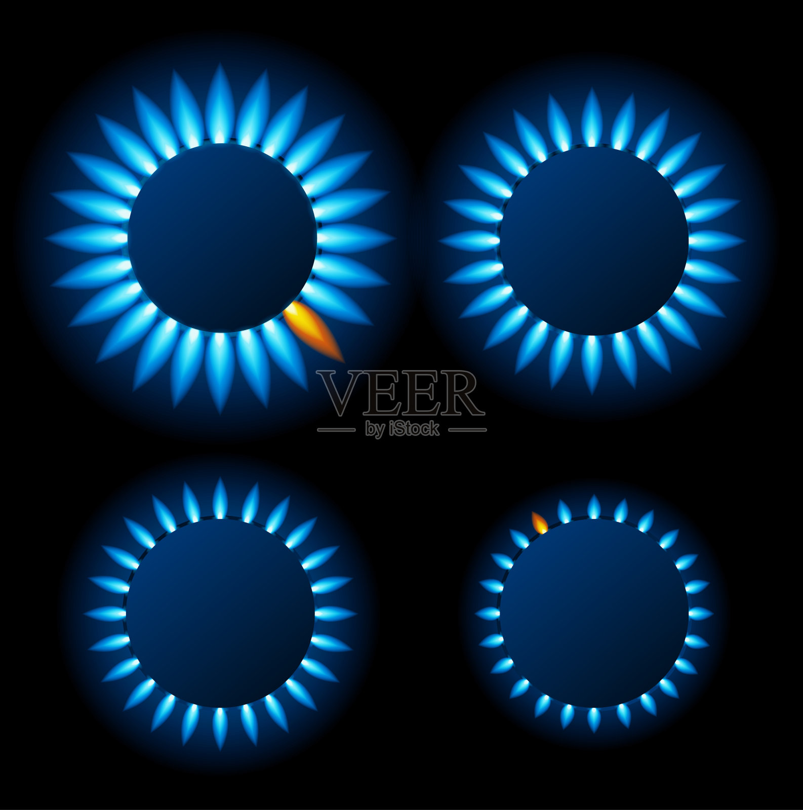 现实详细的3d天然气火焰厨房与蓝色反射集。向量插画图片素材