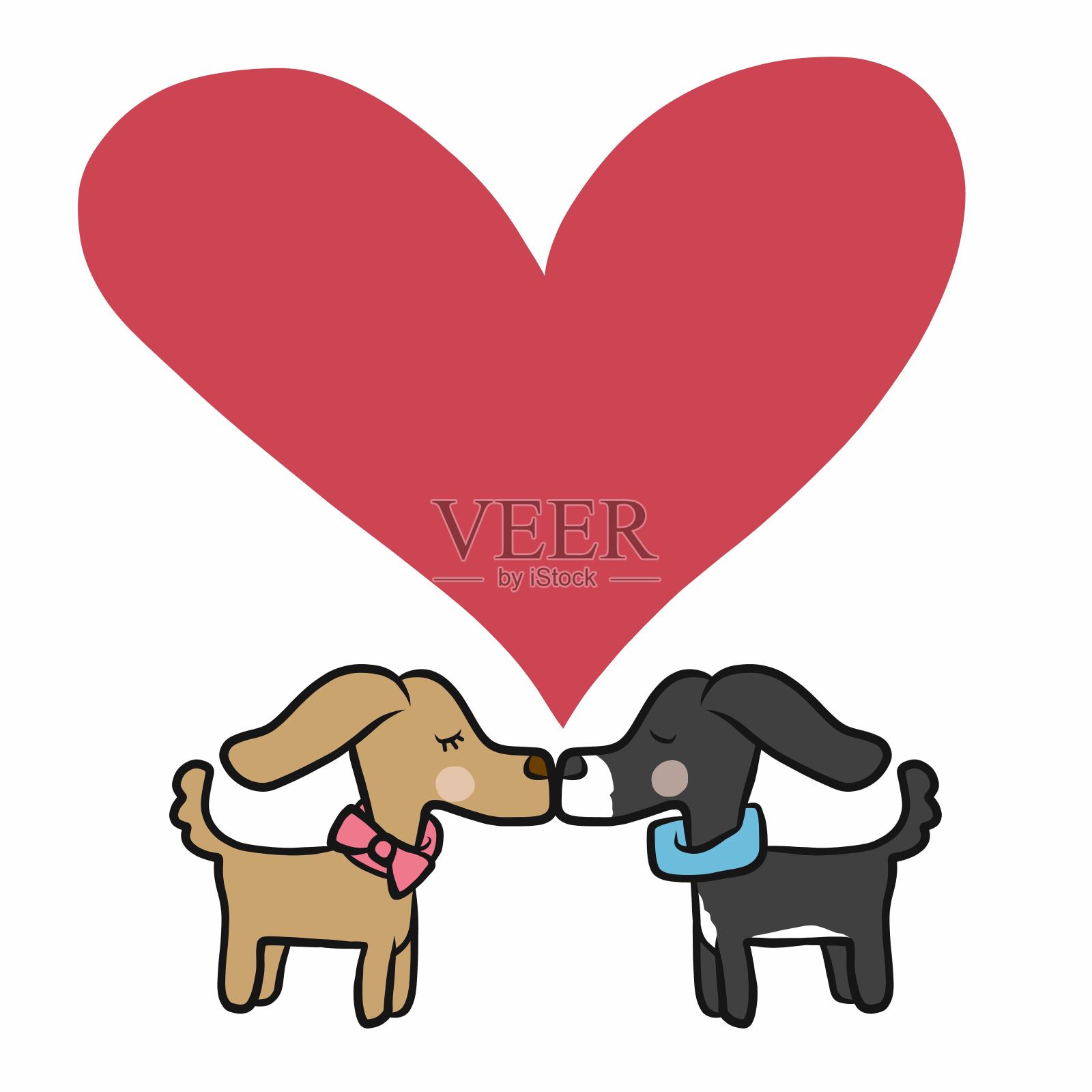 情侣狗亲吻与爱的心卡通矢量插图设计元素图片