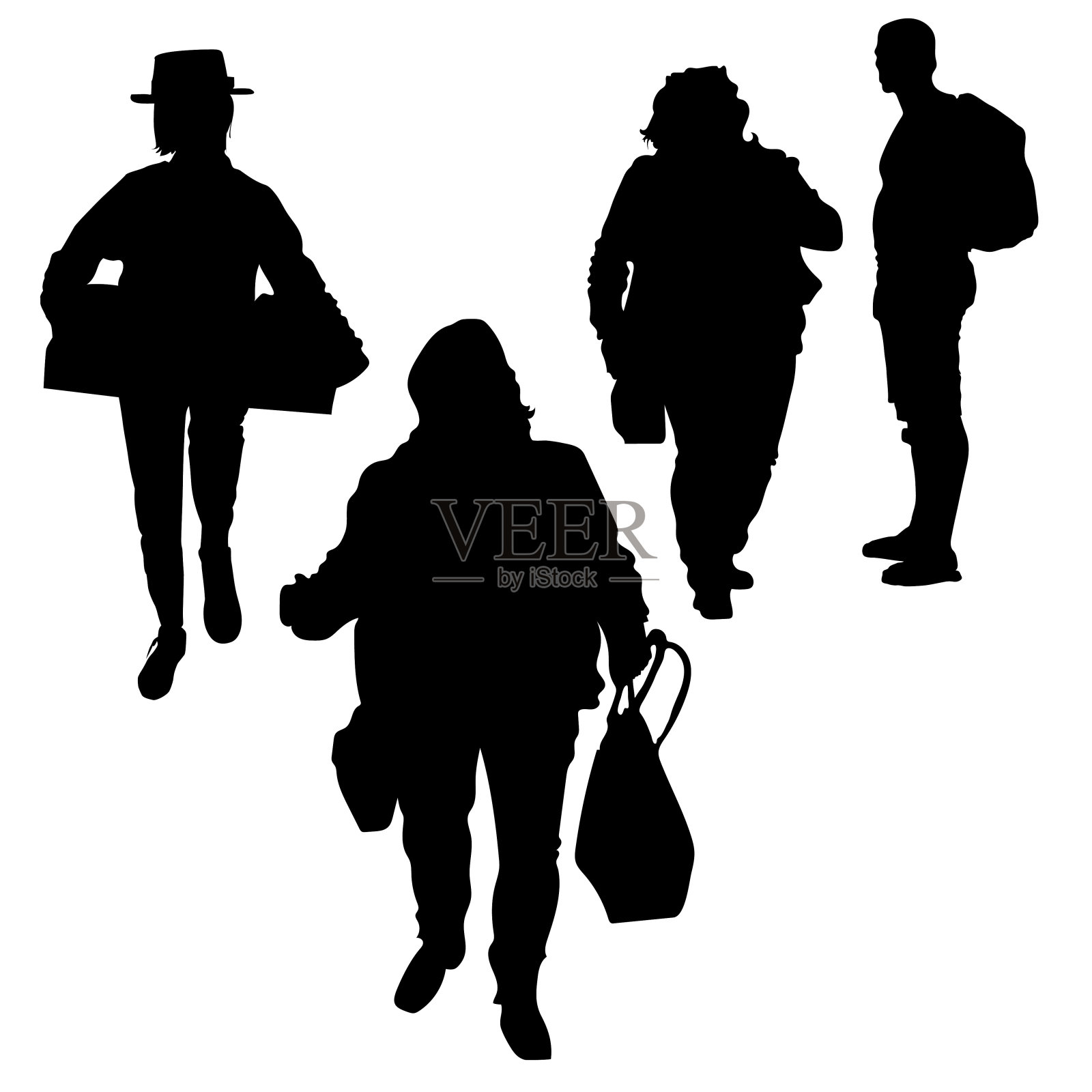 矢量有趣的人剪影。女人拿着包，男人拿着背包。超重的人，一个女孩的剪影戴着帽子，手里拿着一个盒子。有趣的姿势。四人。孤立的白色背景。插画图片素材