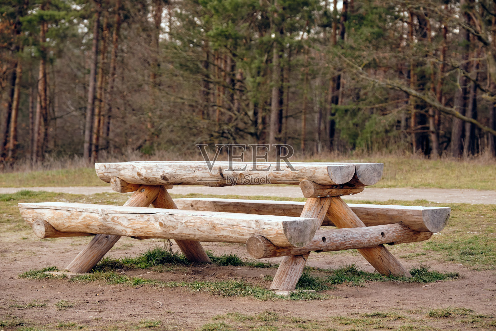 古朴的木凳和桌子组合在森林前面照片摄影图片