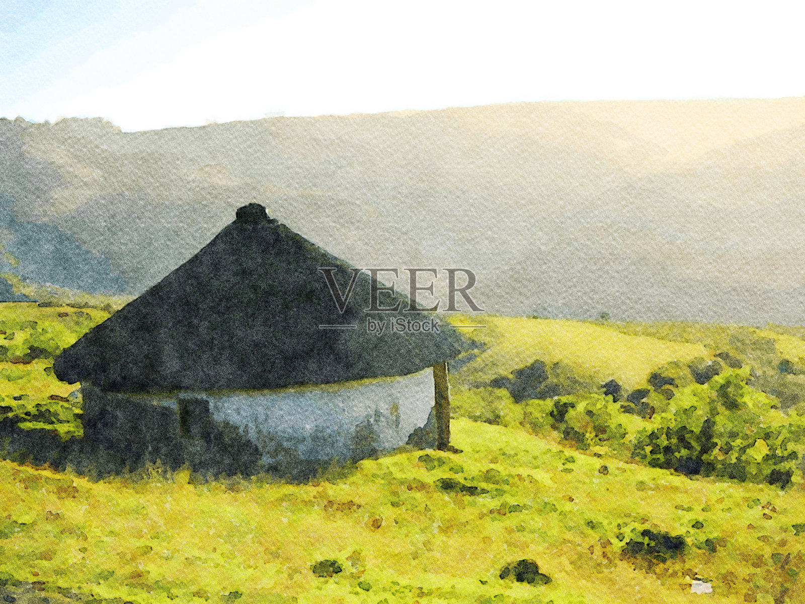 水彩插图的一个非洲Rondavel小屋在景观插画图片素材