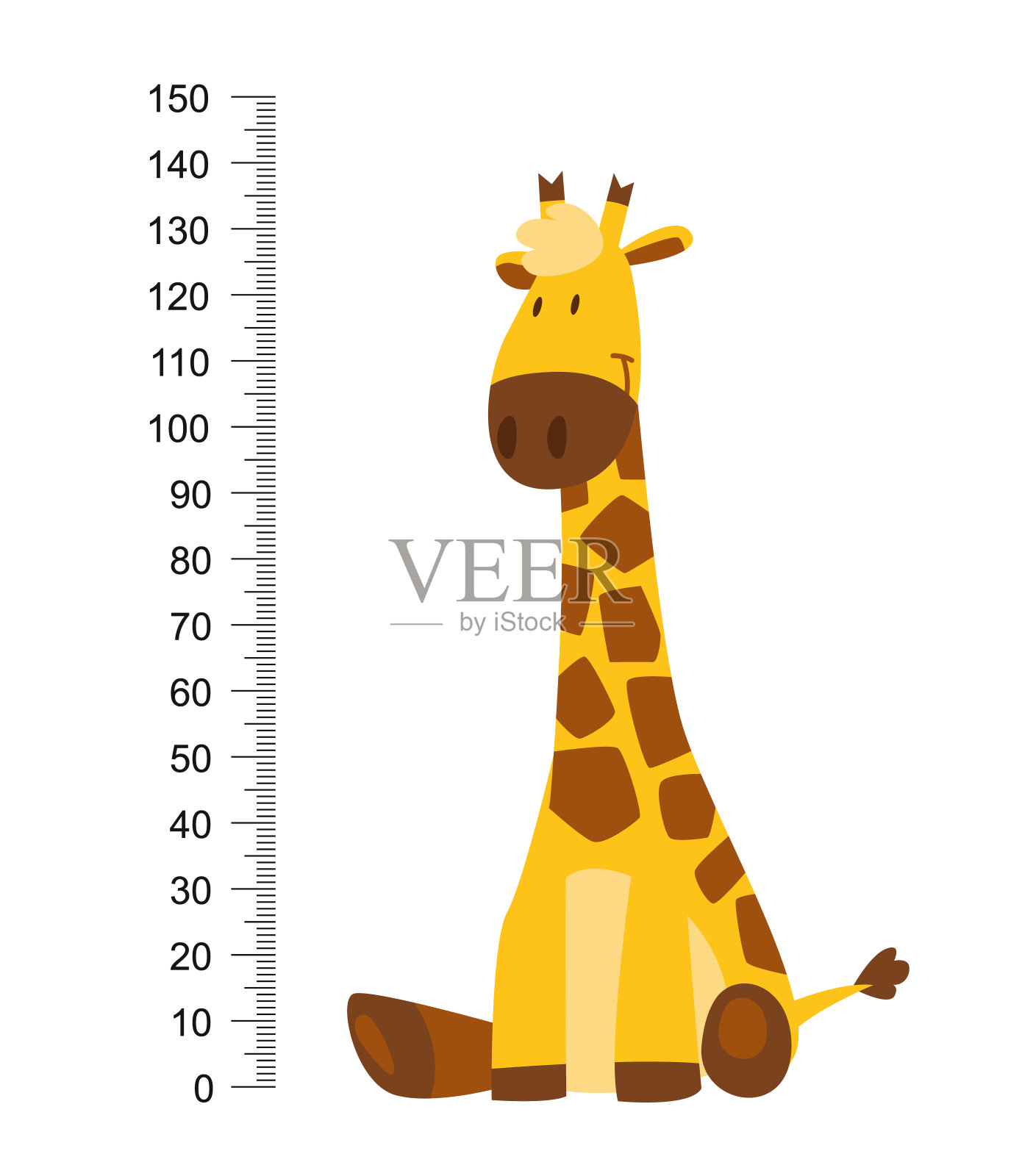 欢快地坐着，滑稽的长脖子长颈鹿。高度一米或贴墙米或贴墙米从0到150厘米以测量增长。儿童矢量图插画图片素材