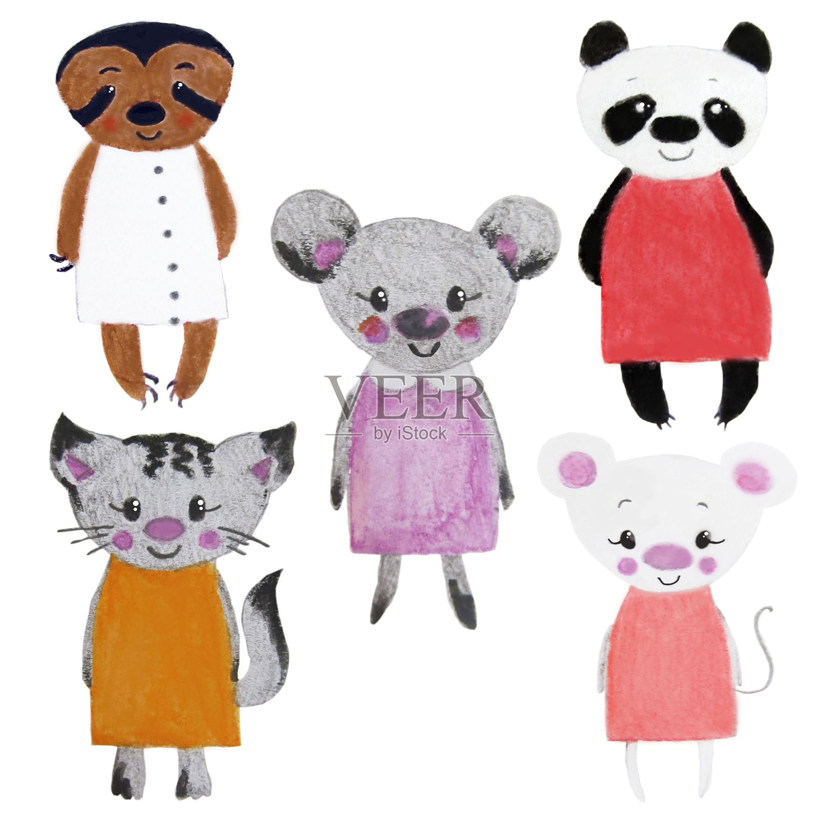 五个可爱的卡通动物:树懒，灰老鼠，白老鼠和熊猫。手工溺死插图装饰插画图片素材